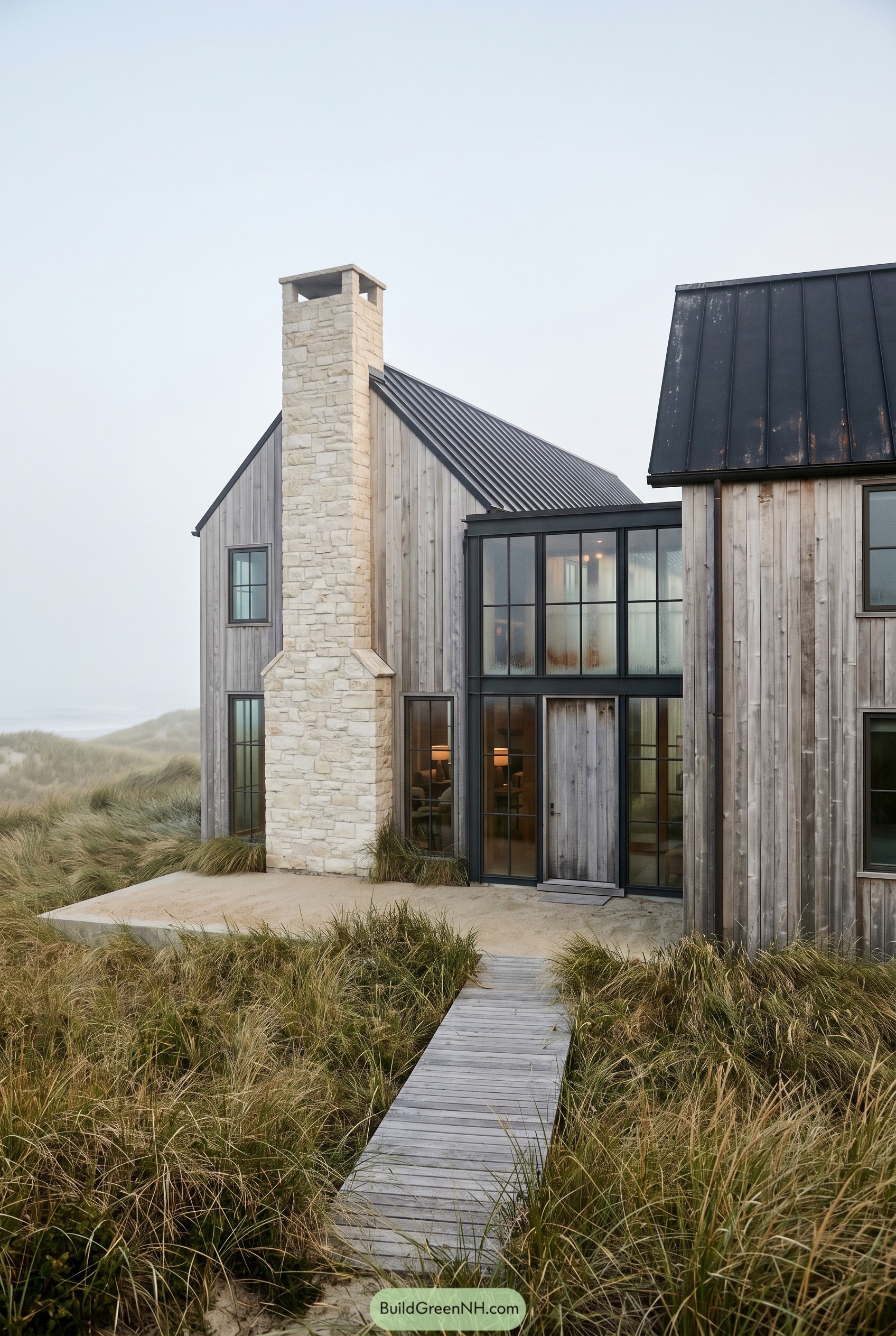Weathered wood farmhouse with stone chimney and glass connector in dune grass
