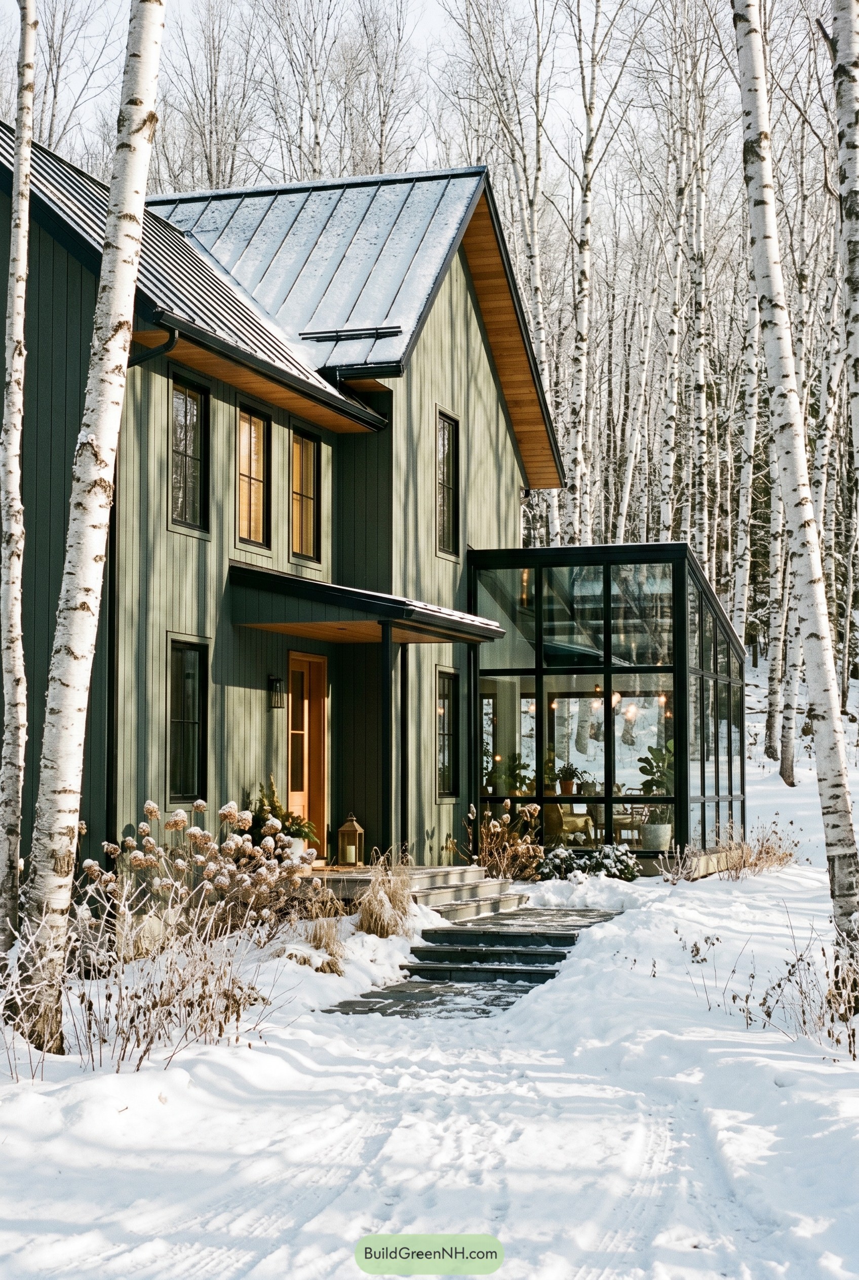 Modern farmhouse with glass sunroom in snowy birch woods