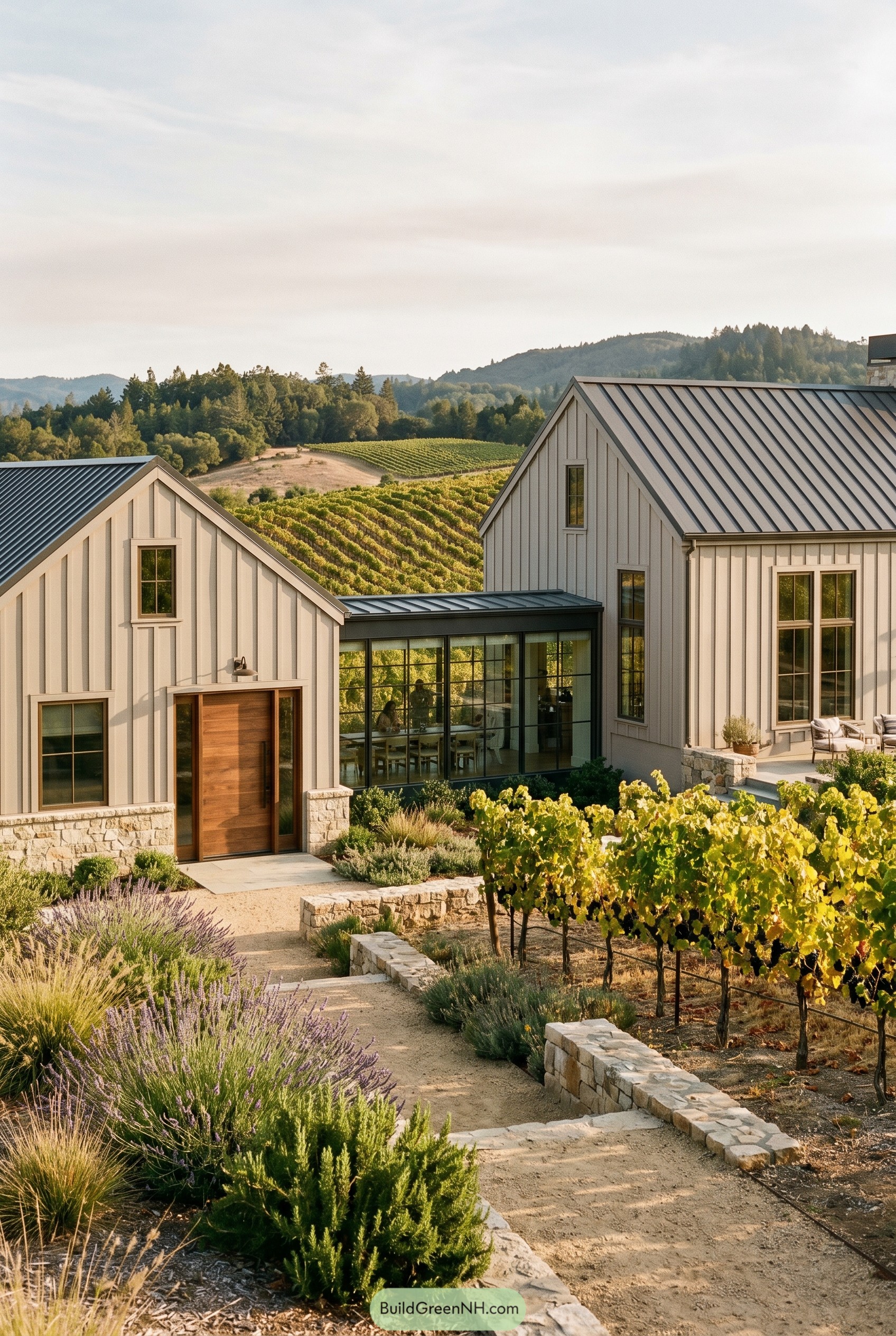 Two gabled barns linked by a glass room beside vineyard rows
