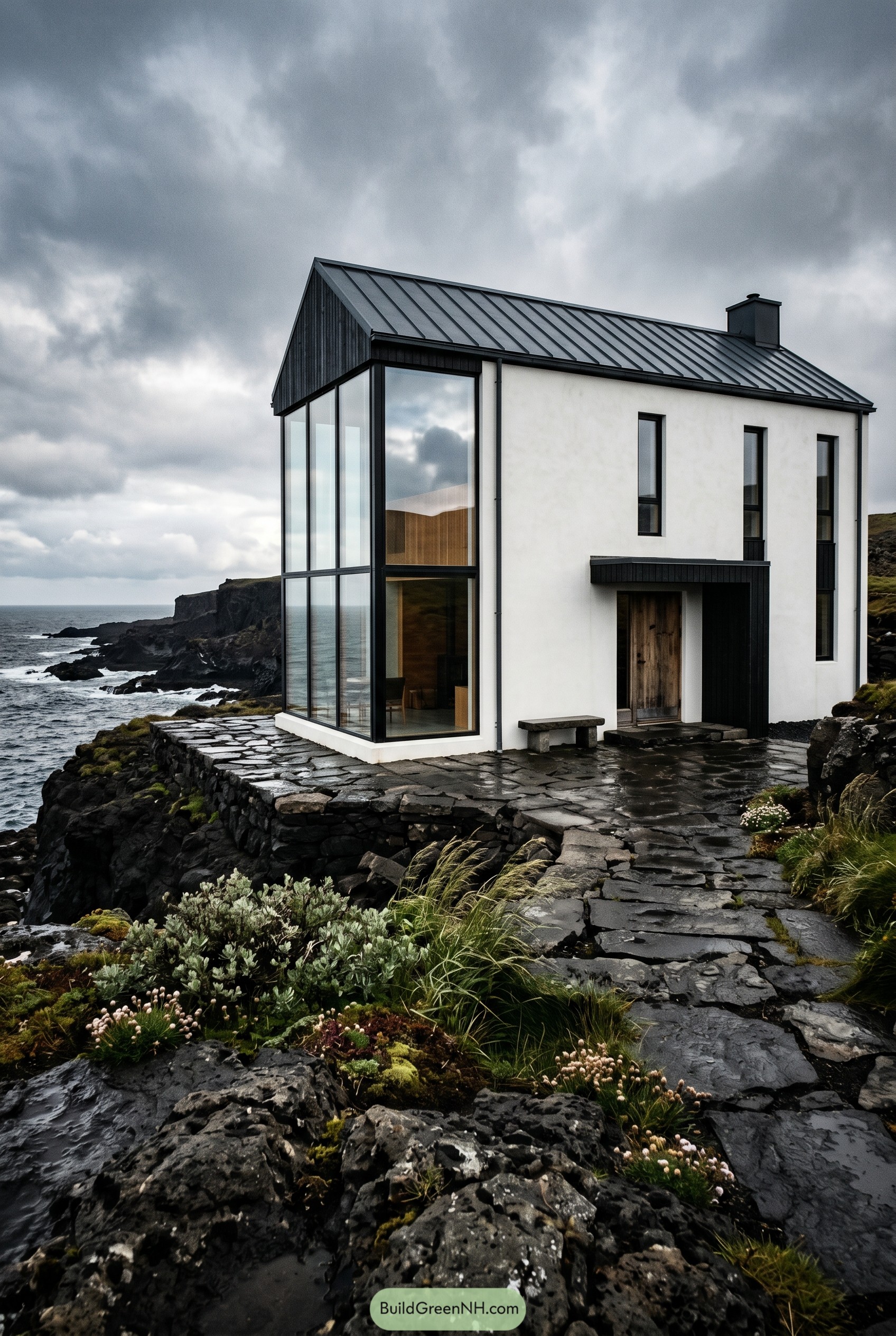 White coastal farmhouse with glazed corner