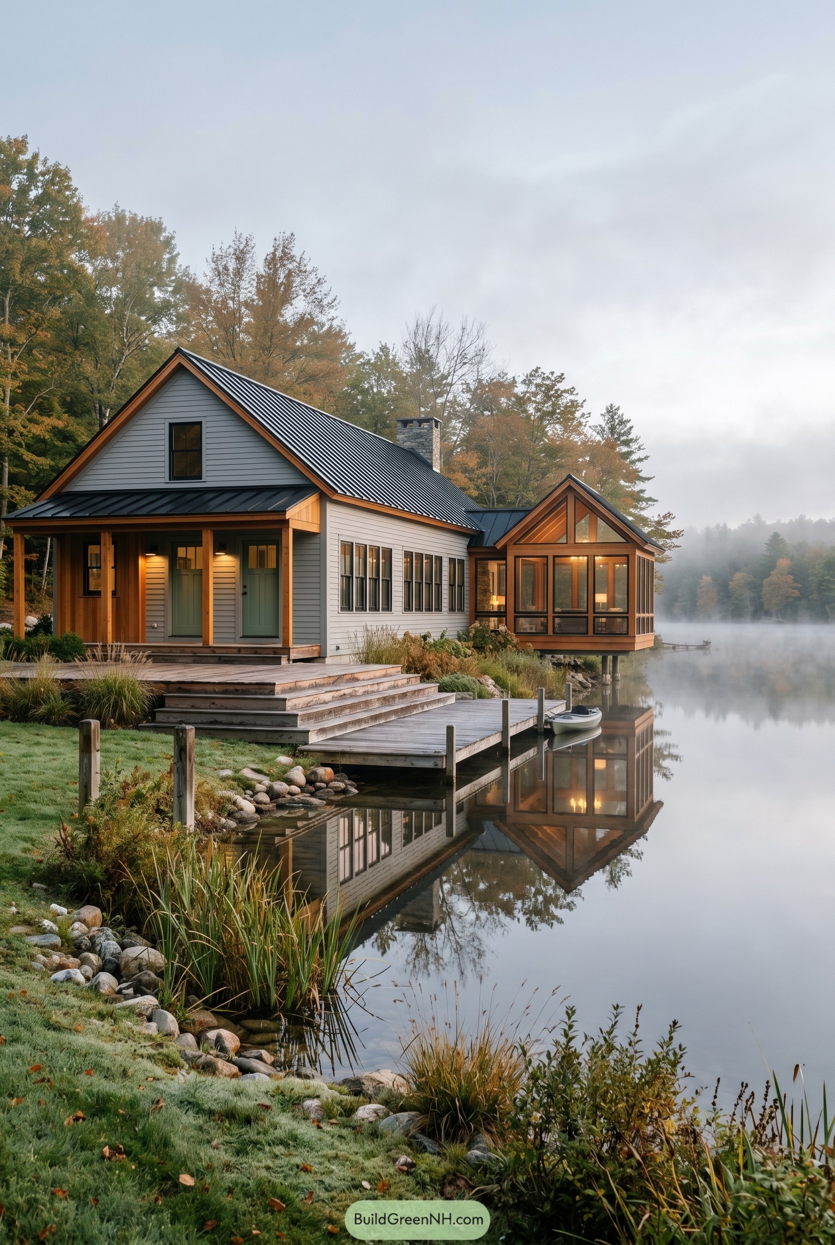 Lakeside farmhouse with glass pavilion over the water