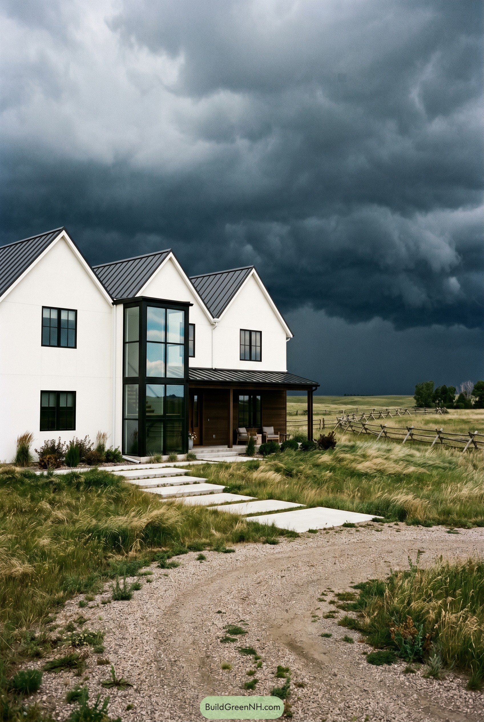 White farmhouse with glass stair tower