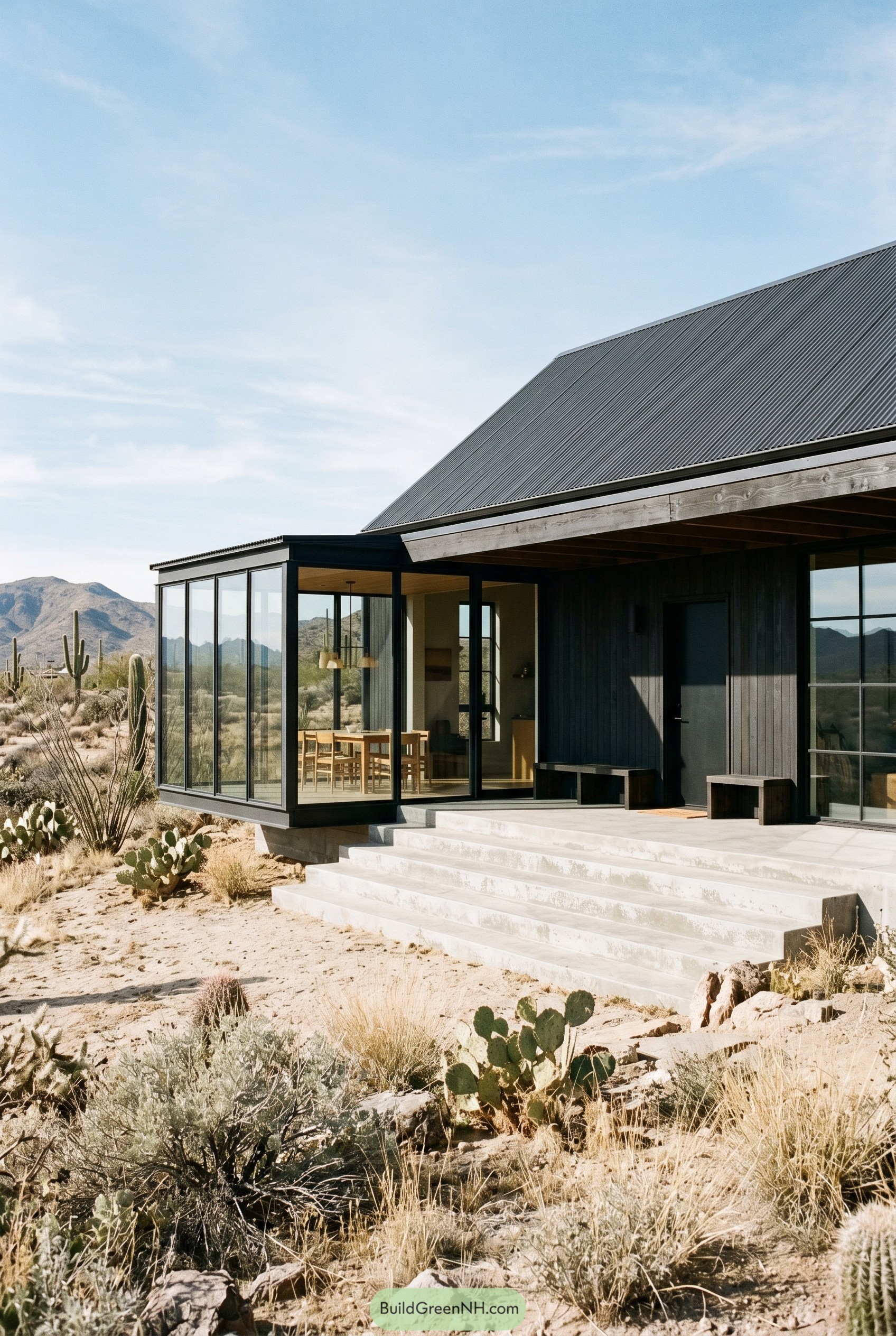 Black farmhouse with glass corner room in desert