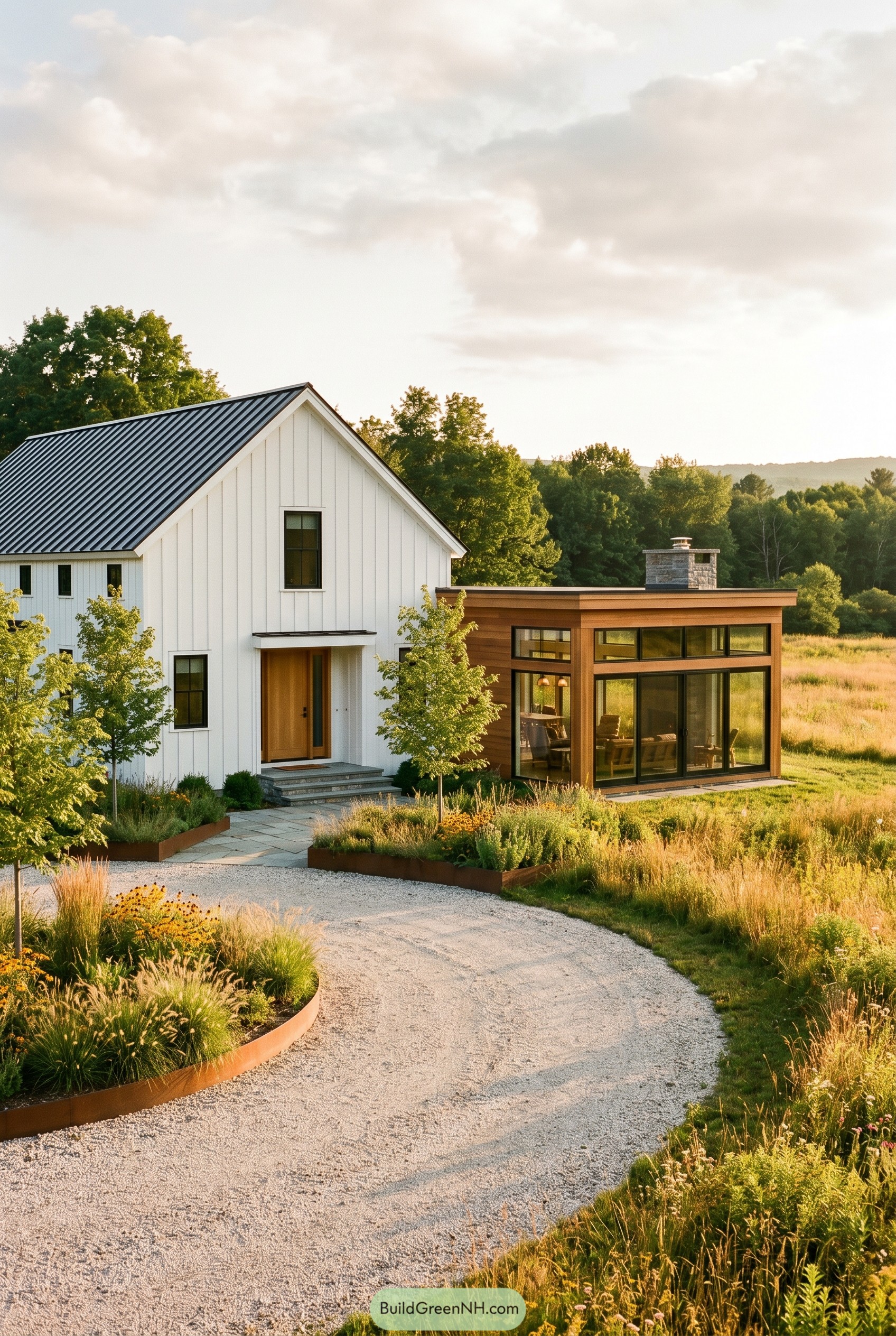 White farmhouse with wood framed glass addition