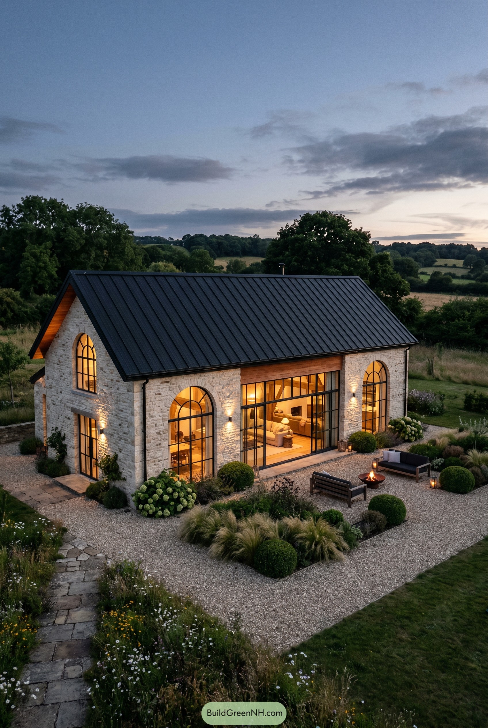 Modern stone farmhouse with arched windows