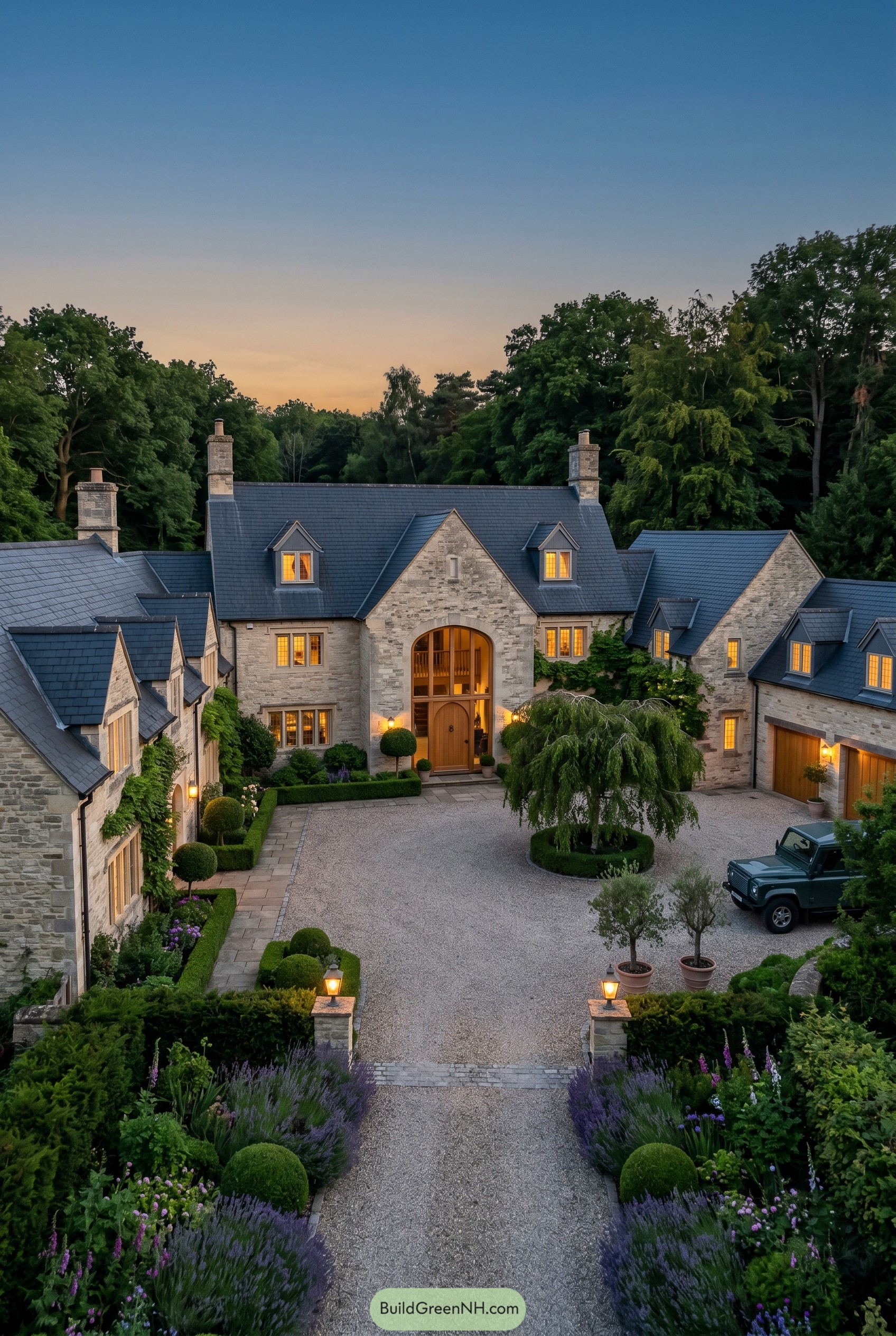 Stone farmhouse with arched entry courtyard