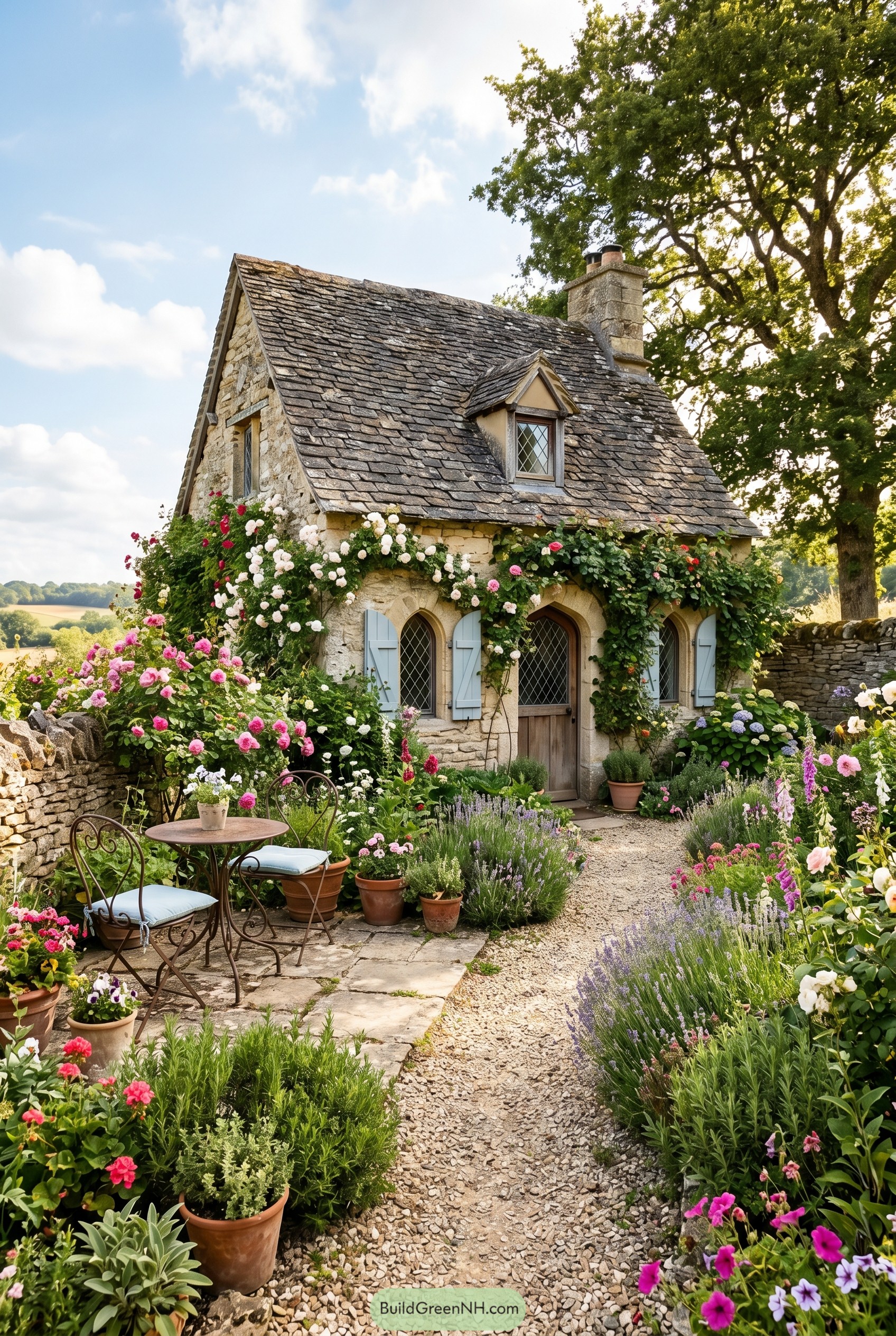 Stone cottage with roses and lavender garden