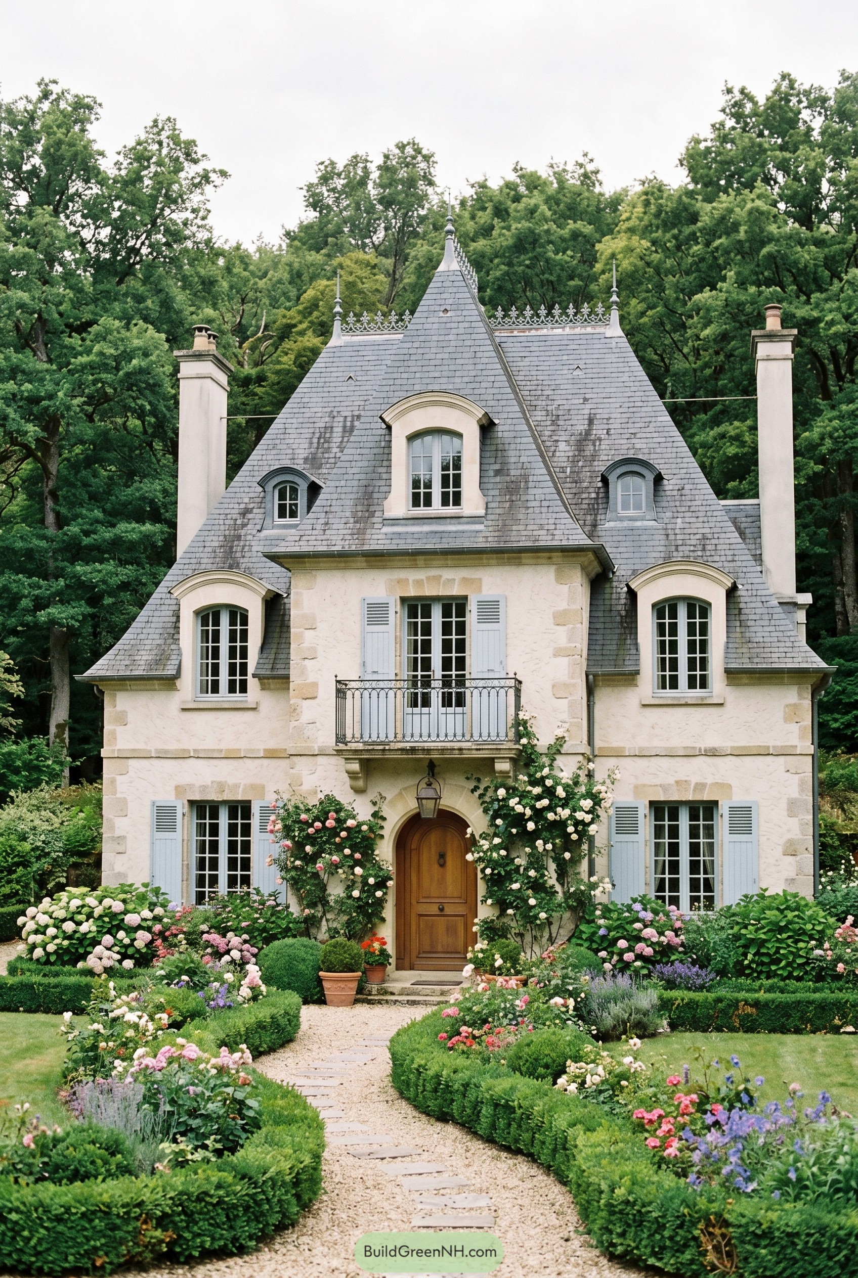 French farmhouse with steep slate roof and rose garden