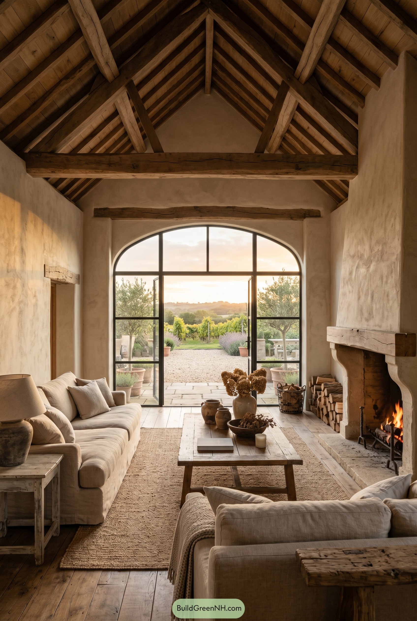 Rustic French farmhouse living room with arched steel doors and exposed beams
