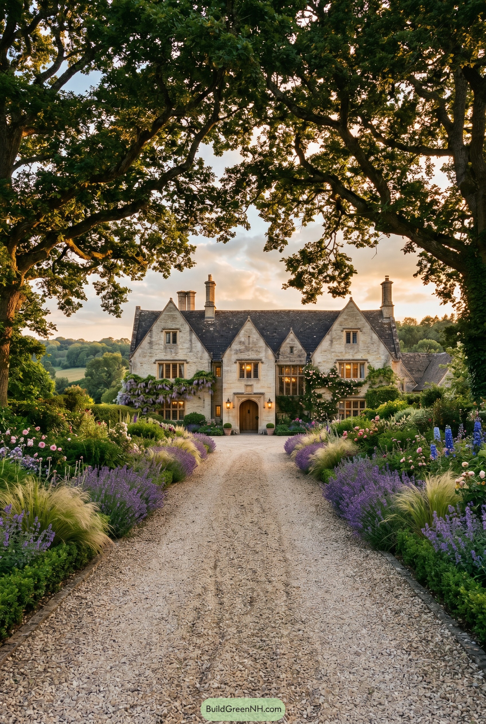 Stone farmhouse beyond a flower lined gravel drive