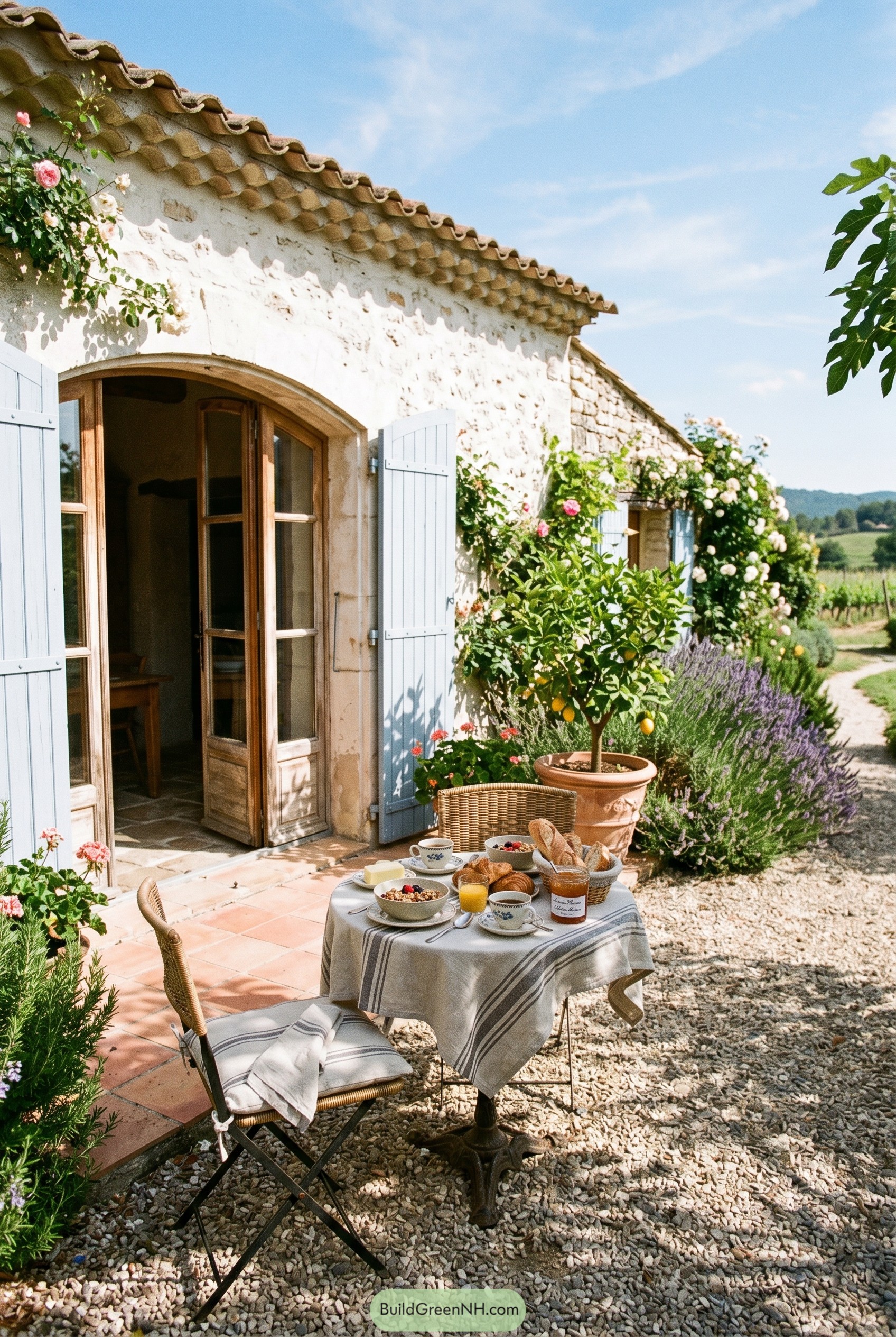 Stone farmhouse patio with blue shutters and breakfast table
