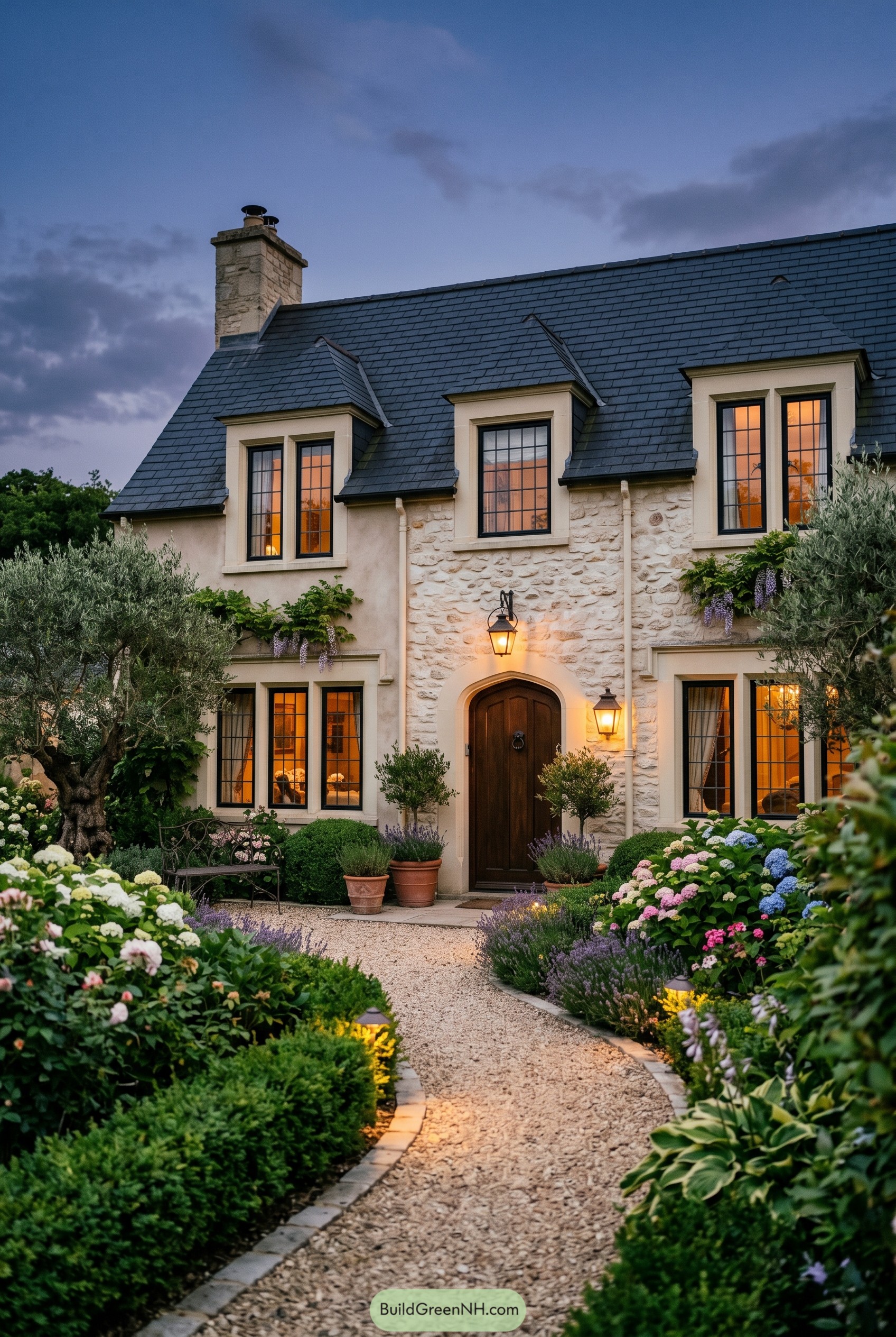 French farmhouse with slate roof and gravel path