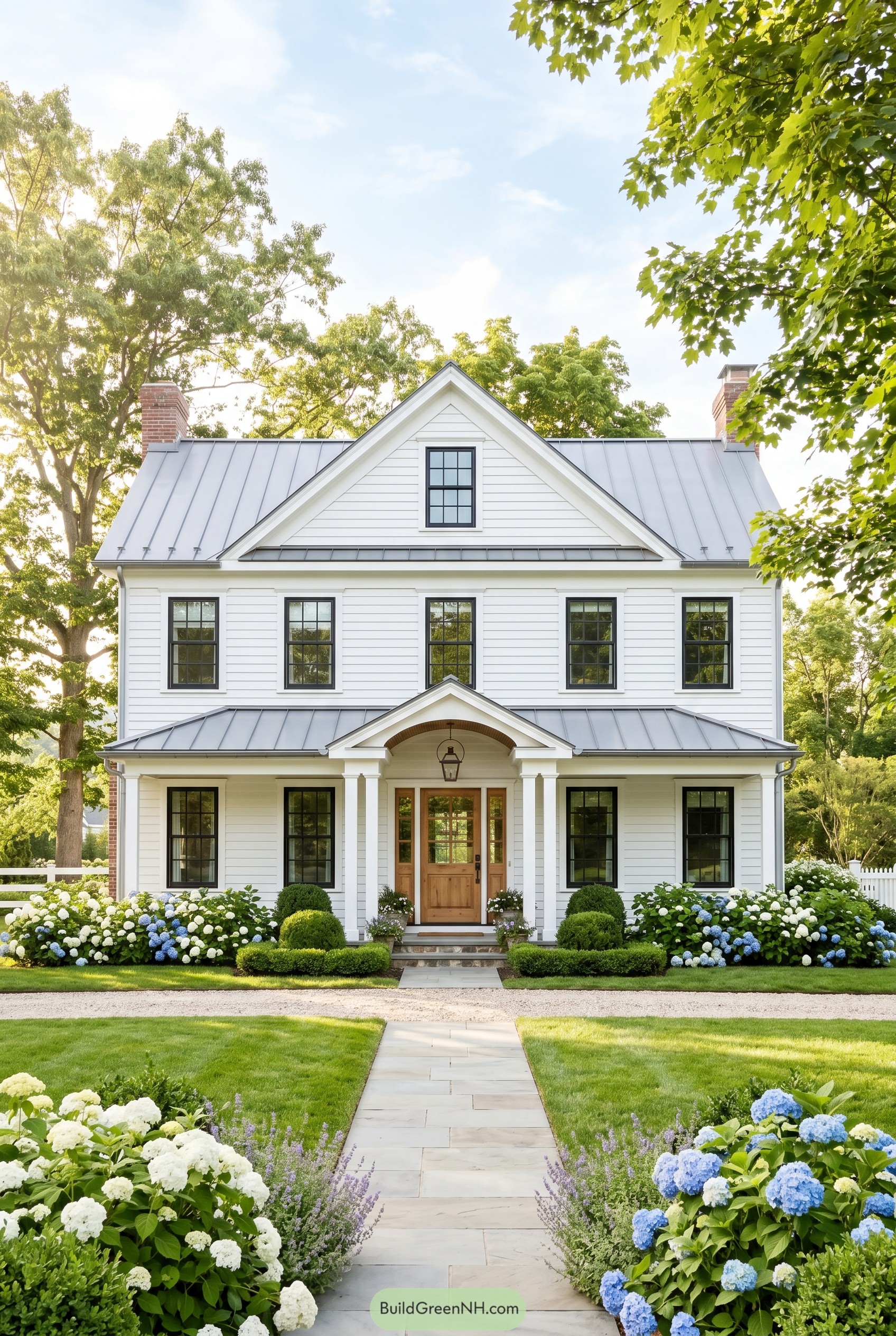 White farmhouse with metal roof and hydrangeas