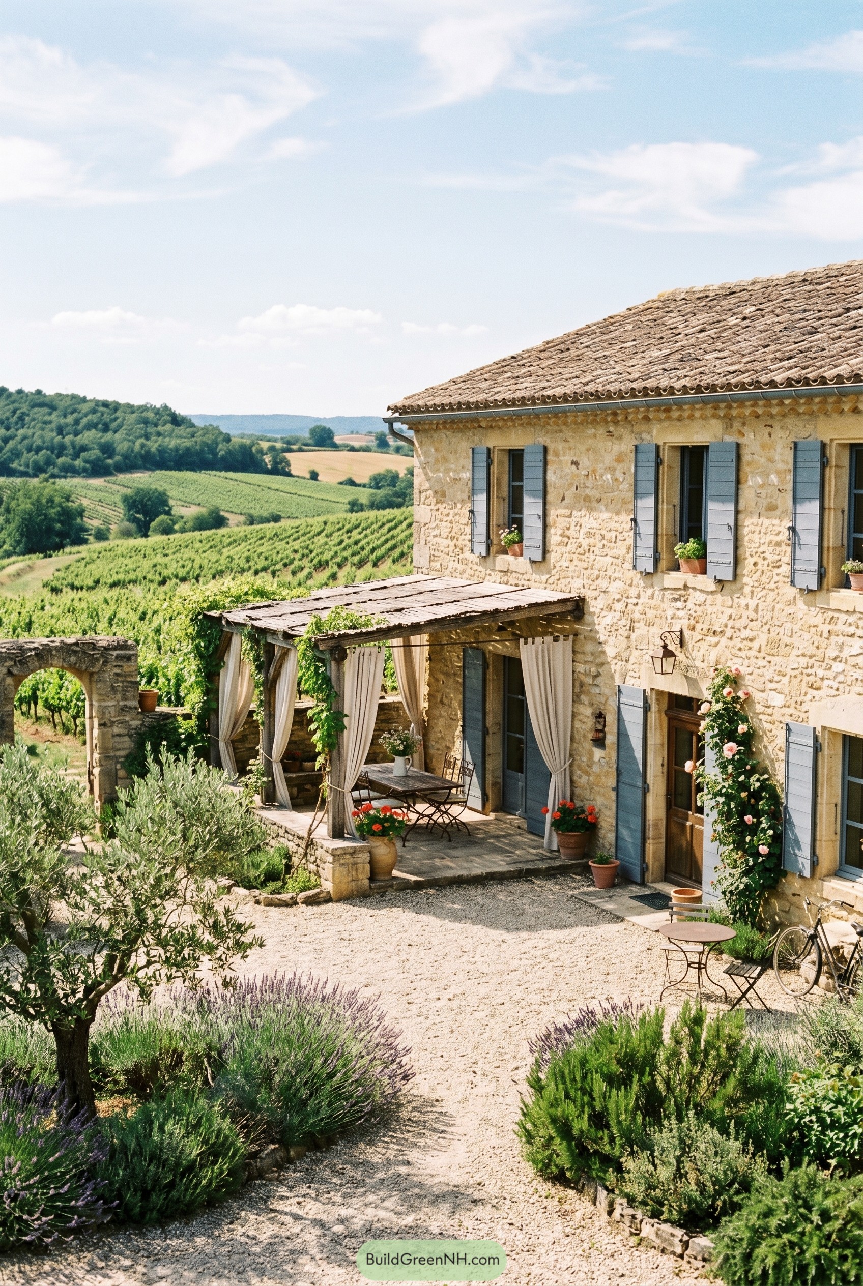 Stone farmhouse with blue shutters and vineyard terrace