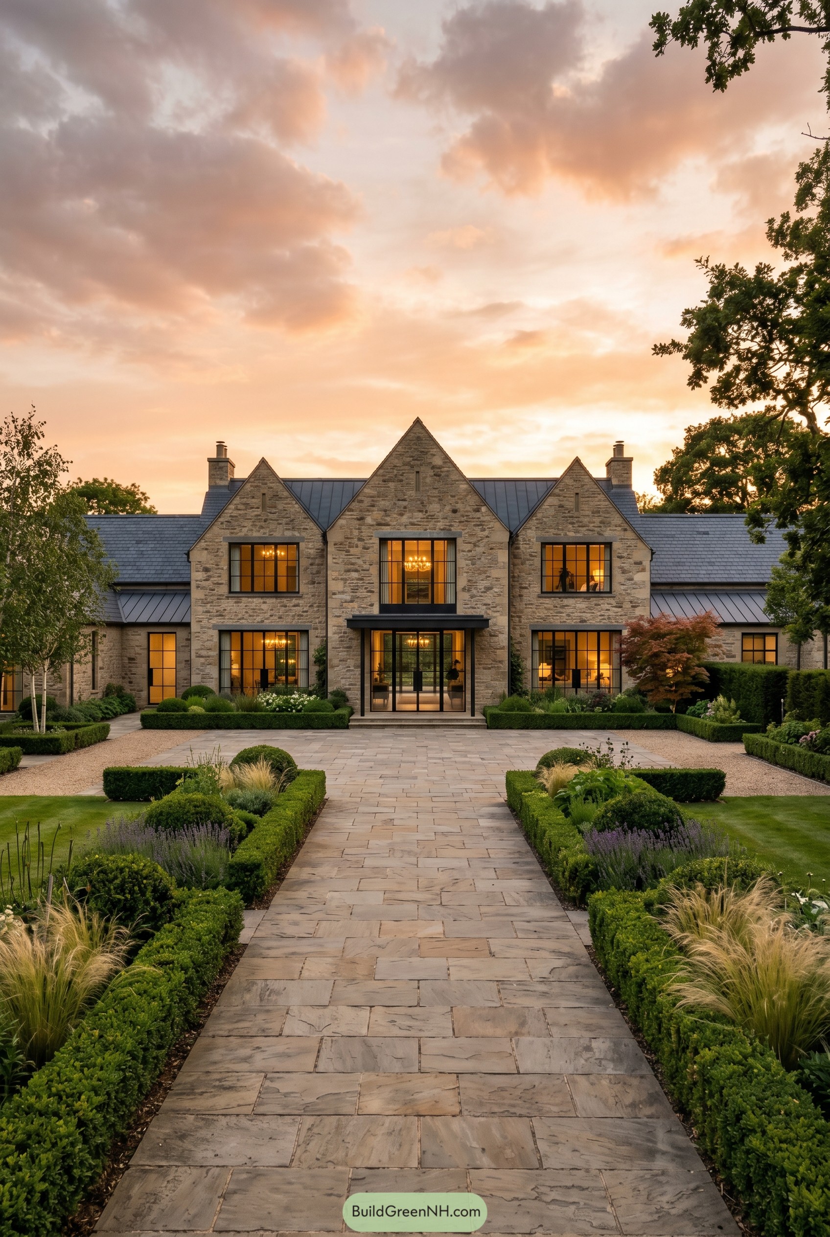 Stone farmhouse with formal garden path