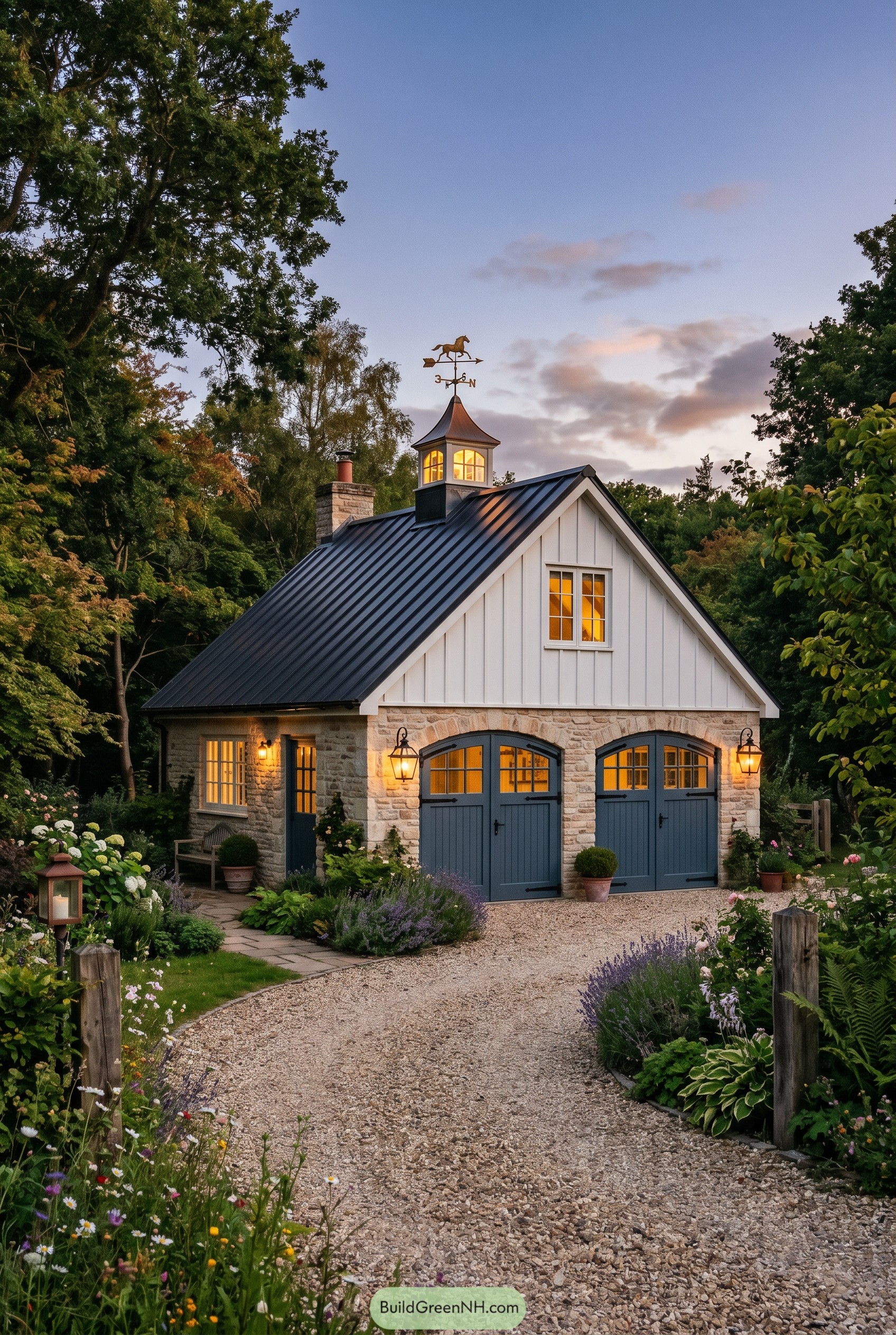 Stone coach house with blue arched doors