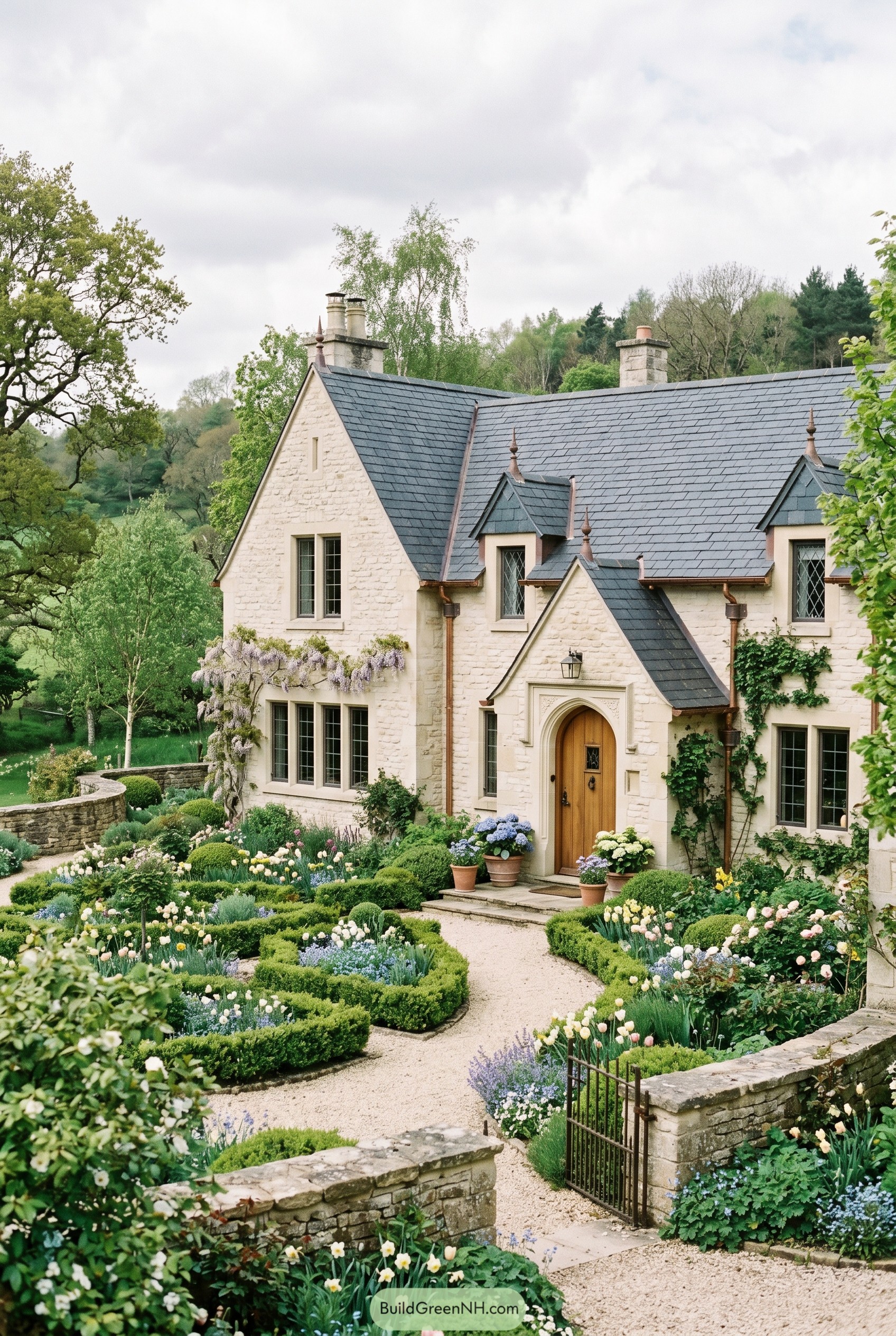 Cream stone farmhouse with formal garden