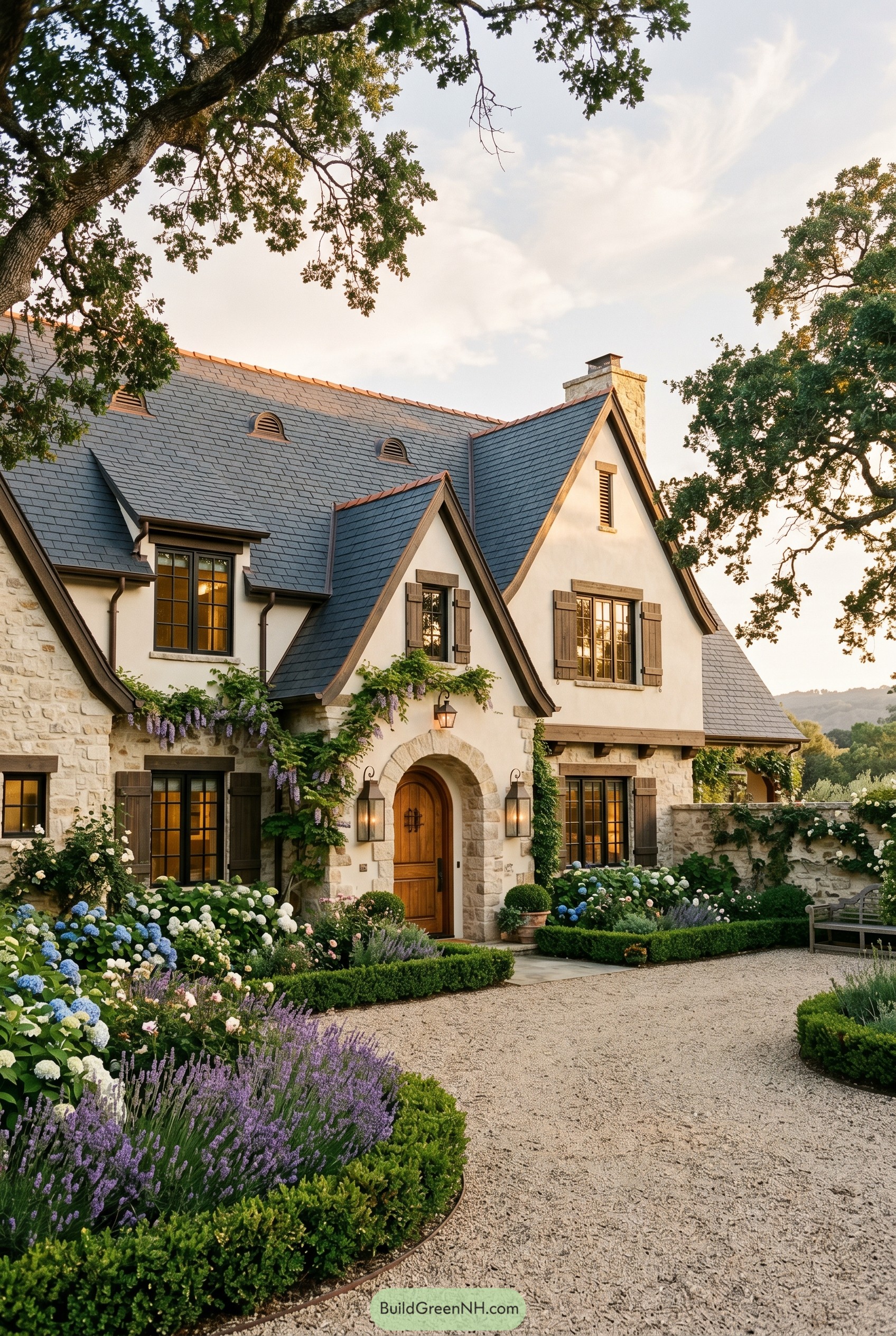 Modern French farmhouse with stone facade and lush garden