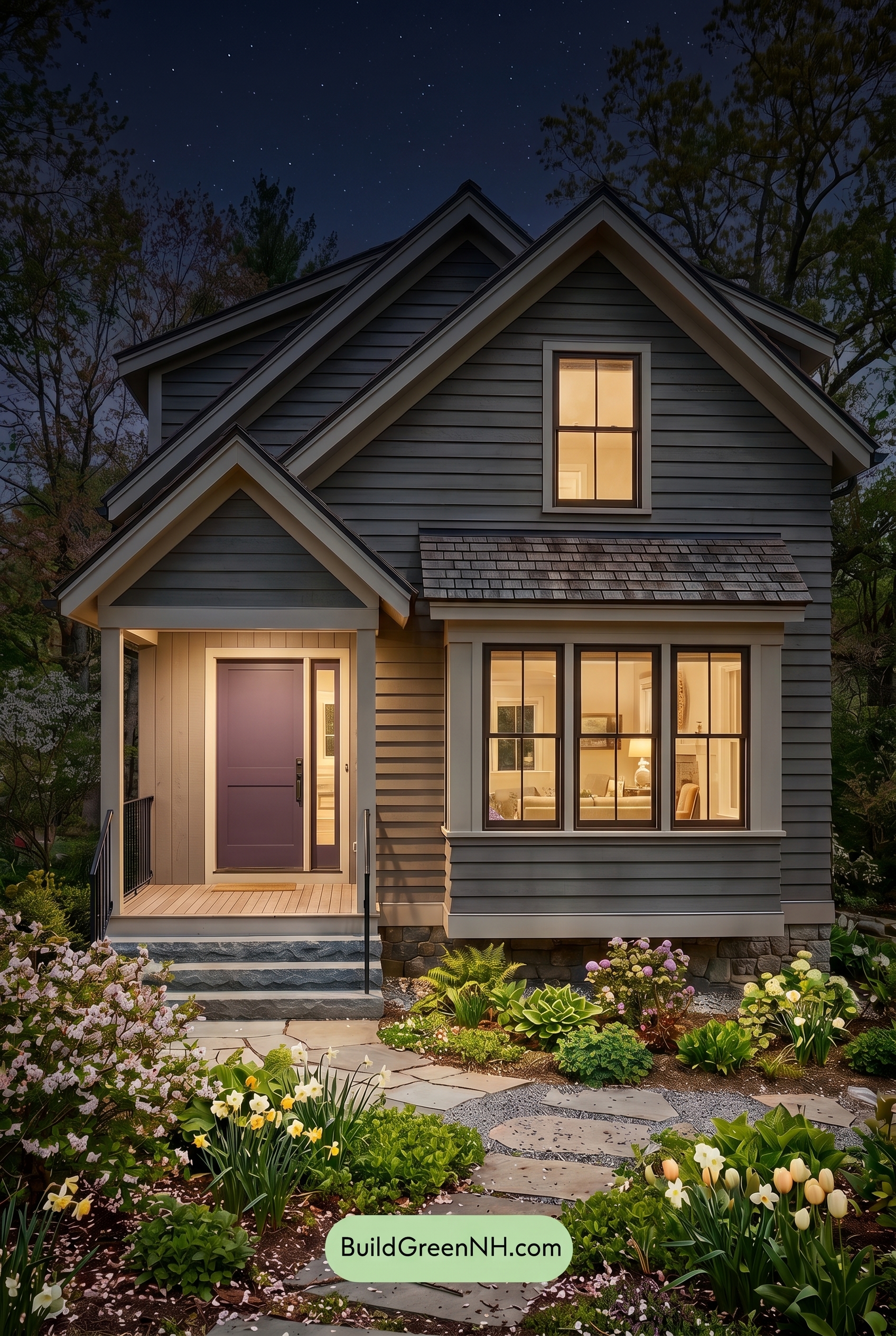 Modern Grey House Exterior Color Scheme: Ash With Plum - Nighttime