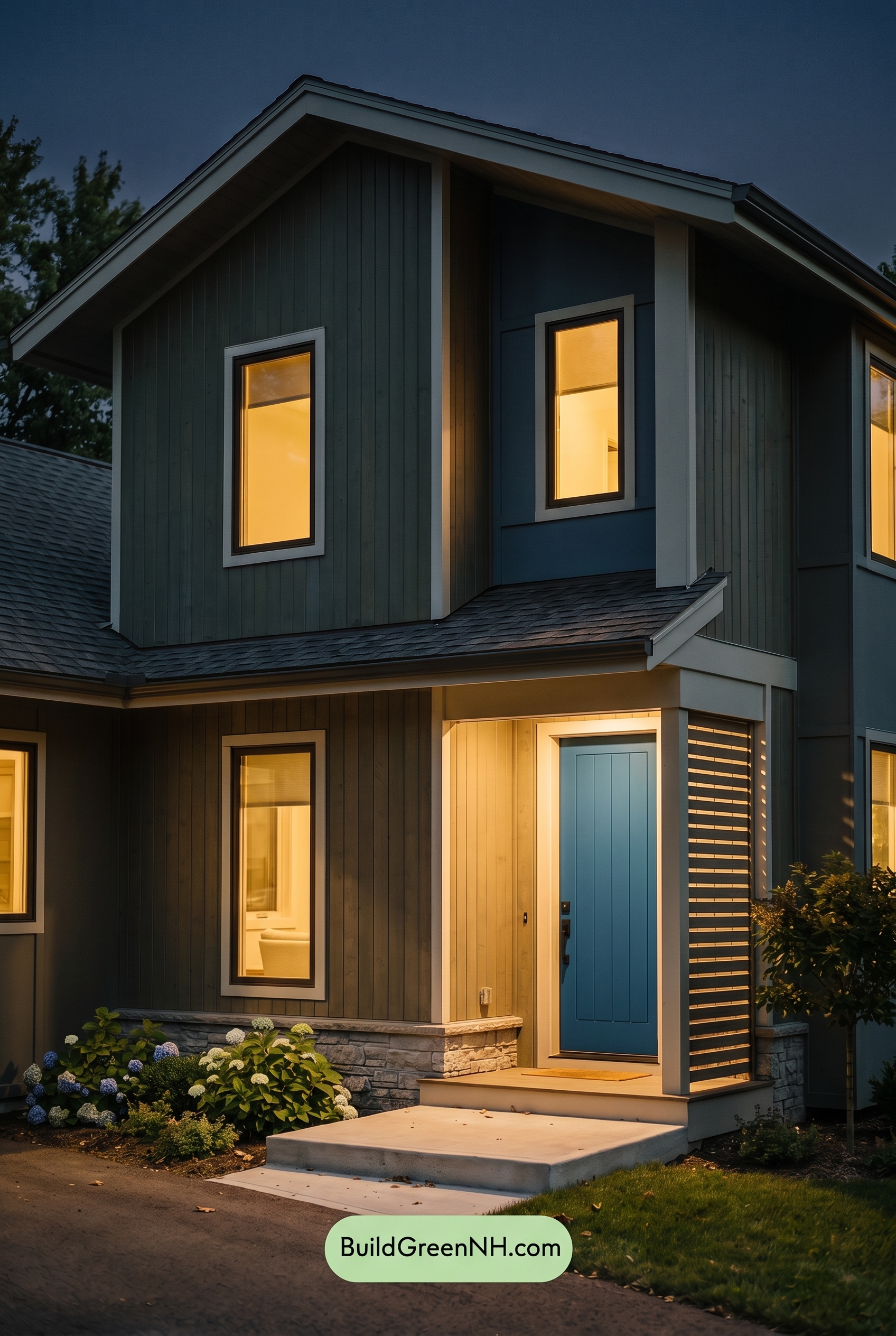 Modern Grey House Exterior Color Scheme: Bronze Blue Quiet - Nighttime