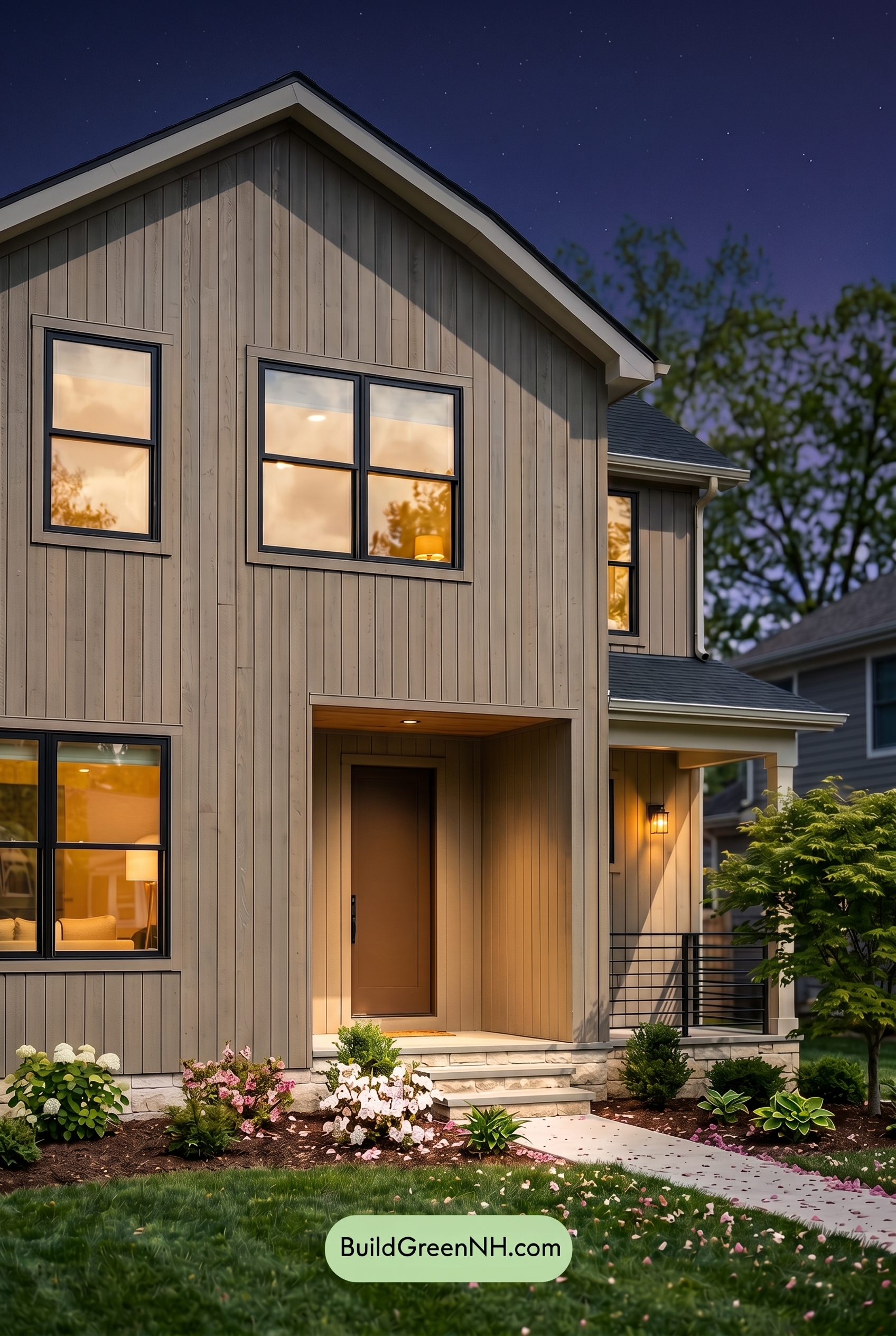 Modern Grey House Exterior Color Scheme: Bronze Ivory Glow - Nighttime