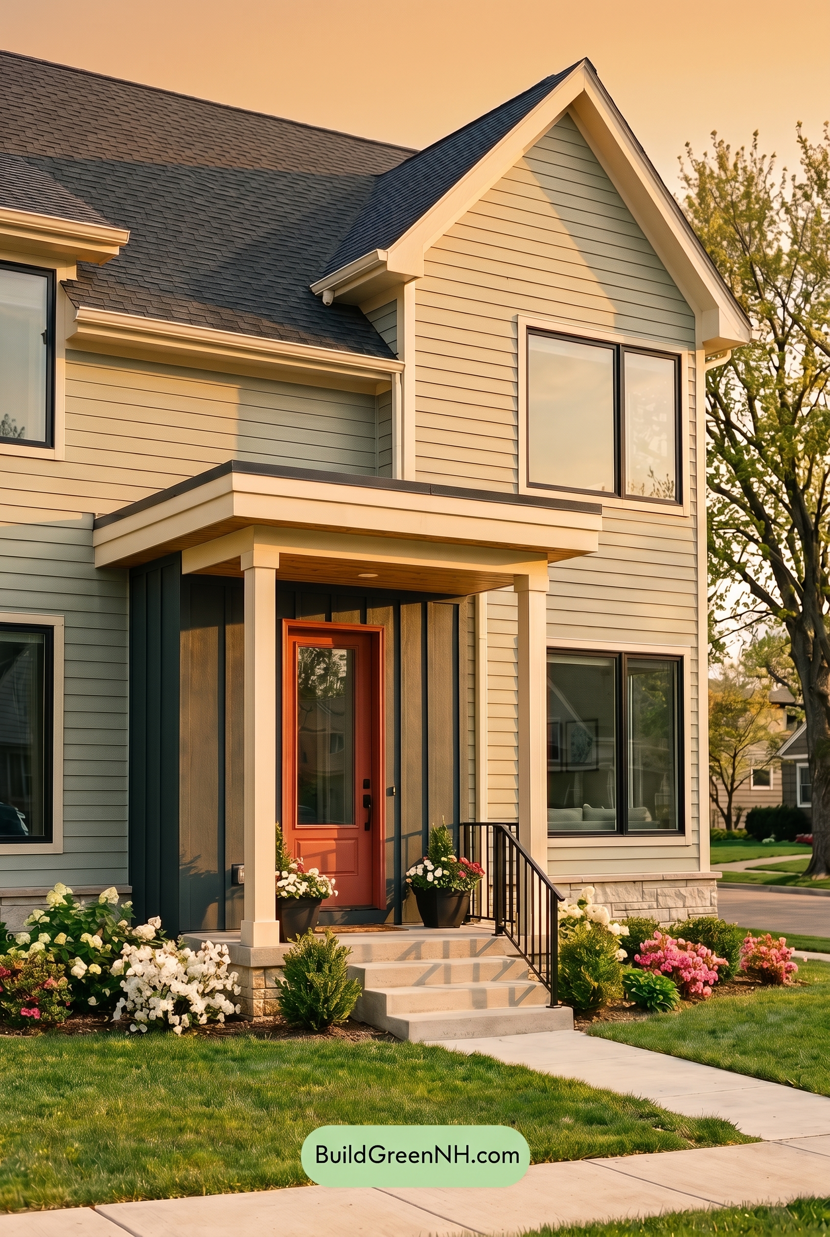 Modern Grey House Exterior Color Scheme: Celadon Charcoal Glint - Golden Hour