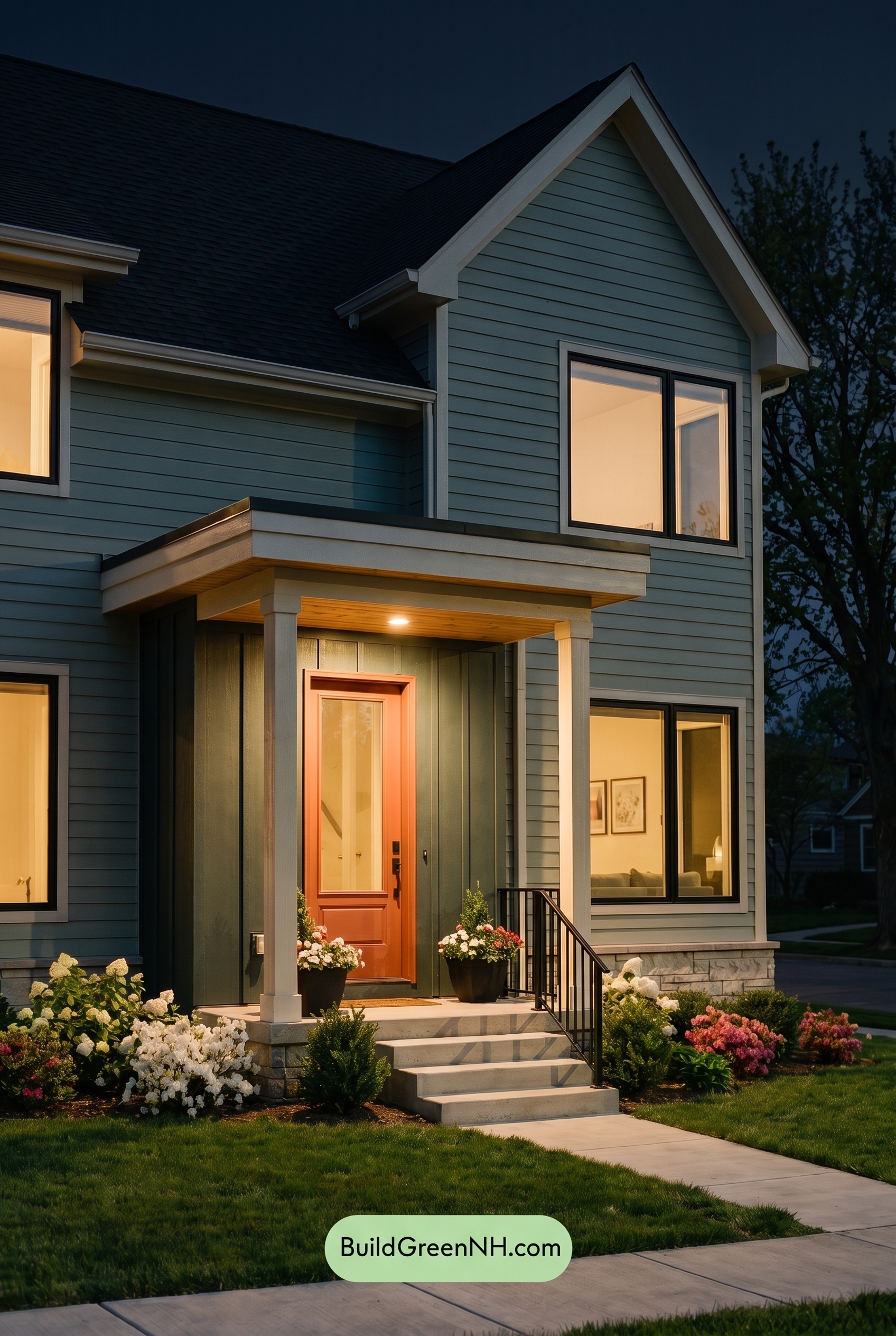 Modern Grey House Exterior Color Scheme: Celadon Charcoal Glint - Nighttime
