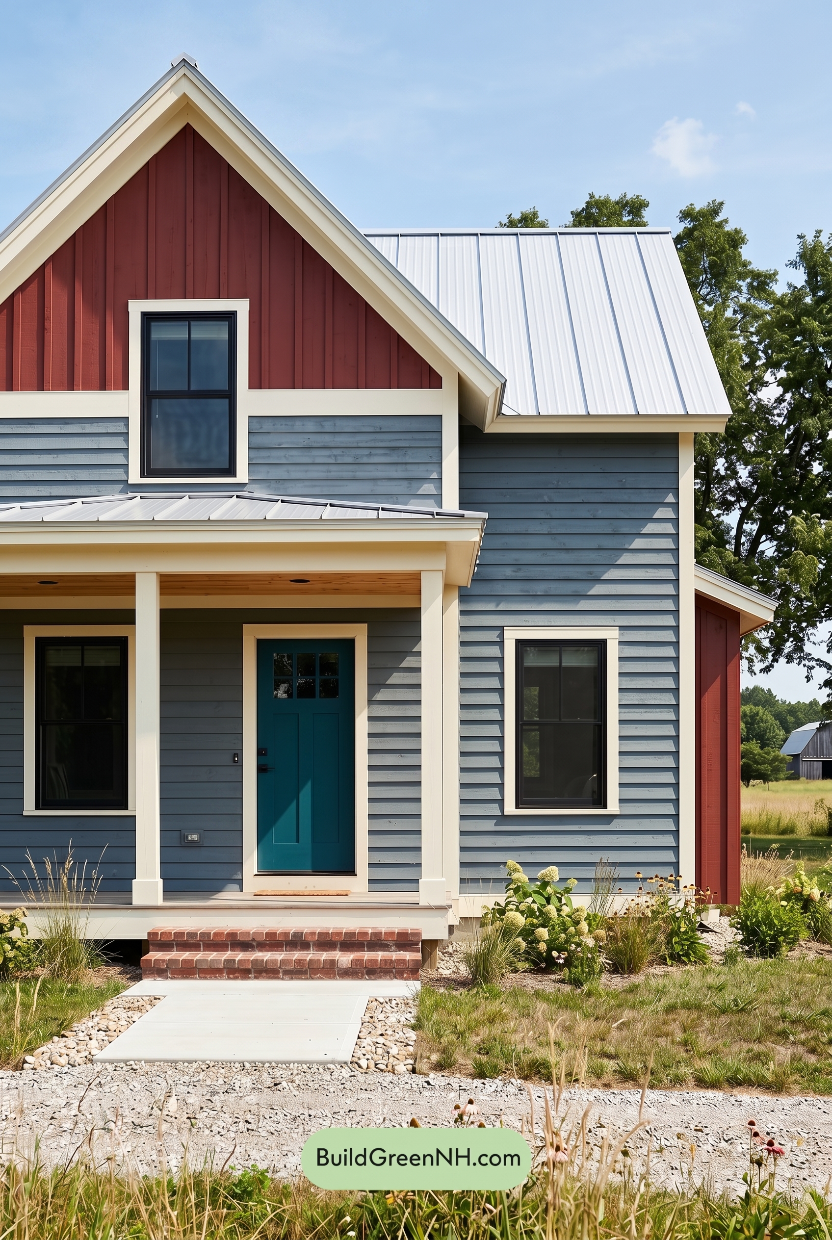 Modern Grey House Exterior Color Scheme: Denim Red Hearth