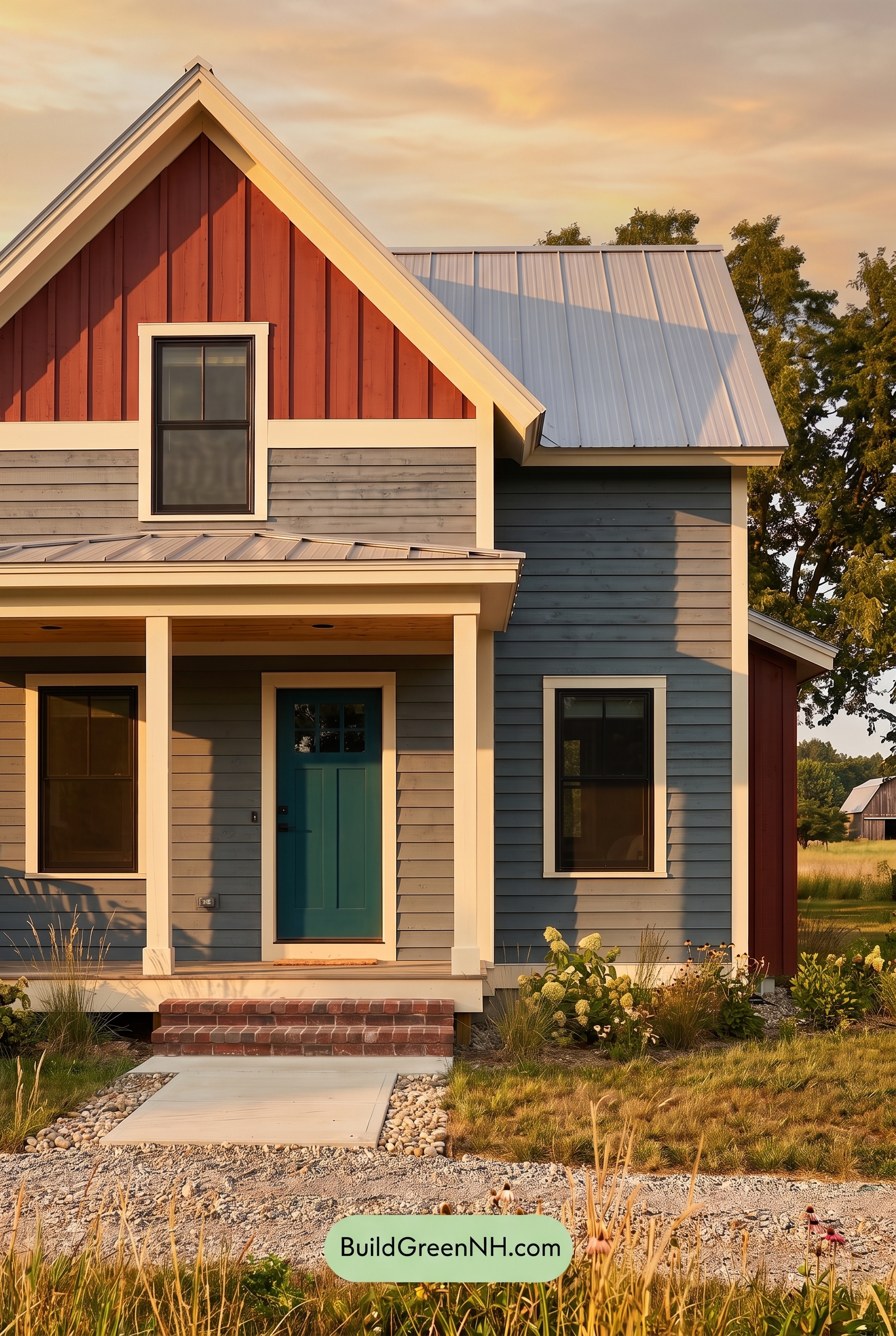 Modern Grey House Exterior Color Scheme: Denim Red Hearth - Golden Hour