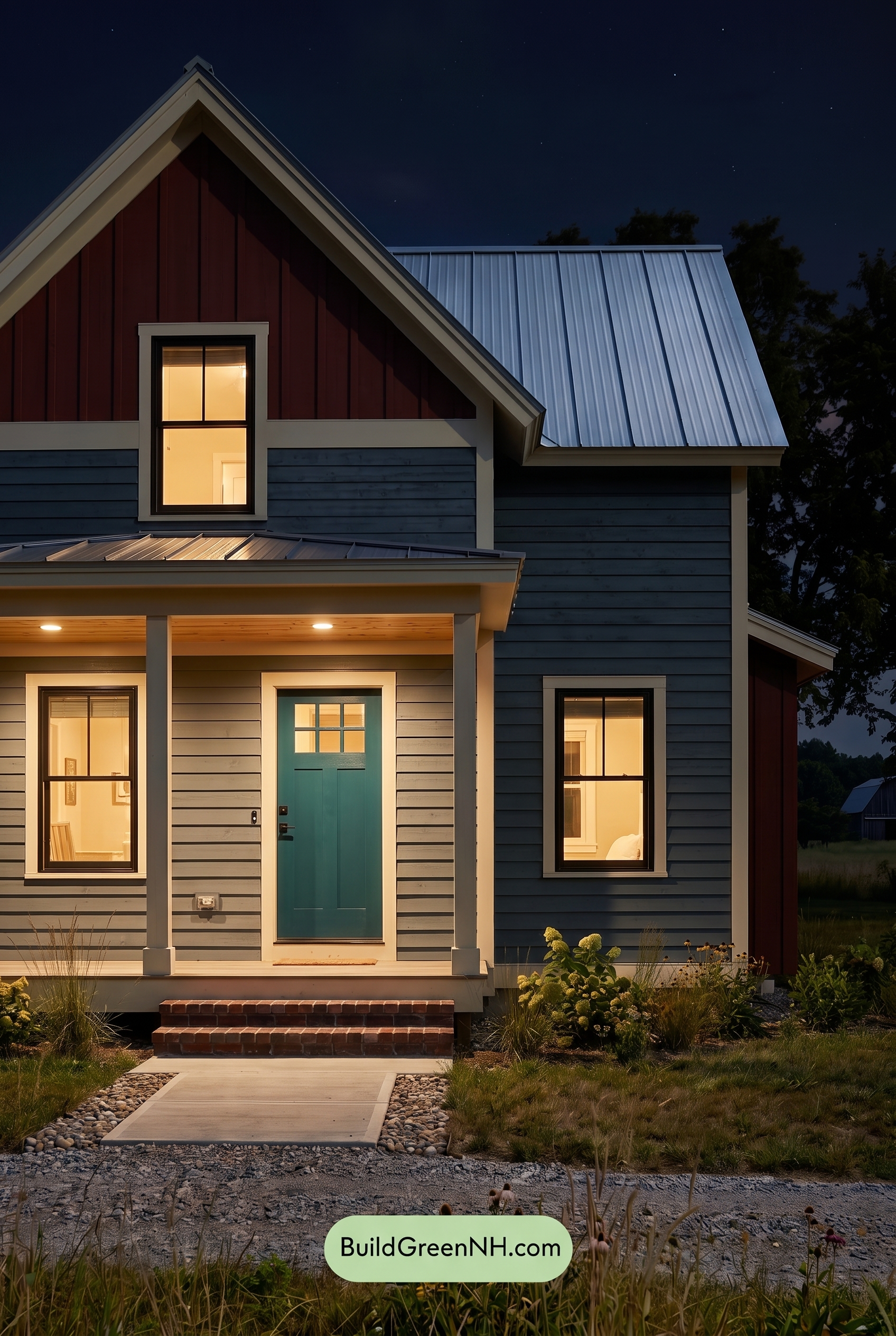 Modern Grey House Exterior Color Scheme: Denim Red Hearth - Nighttime