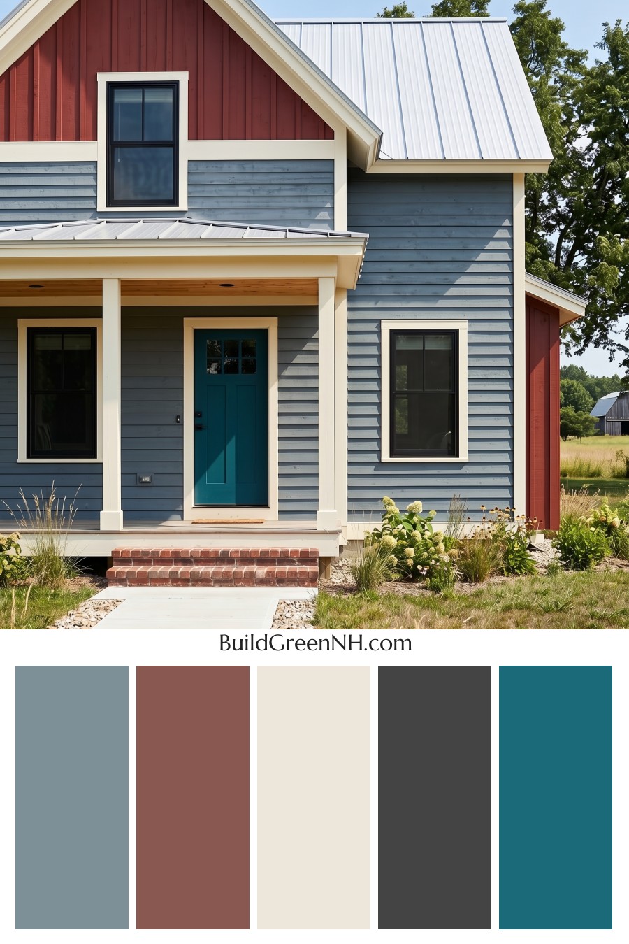 Modern Grey House Exterior Color Scheme: Denim Red Hearth