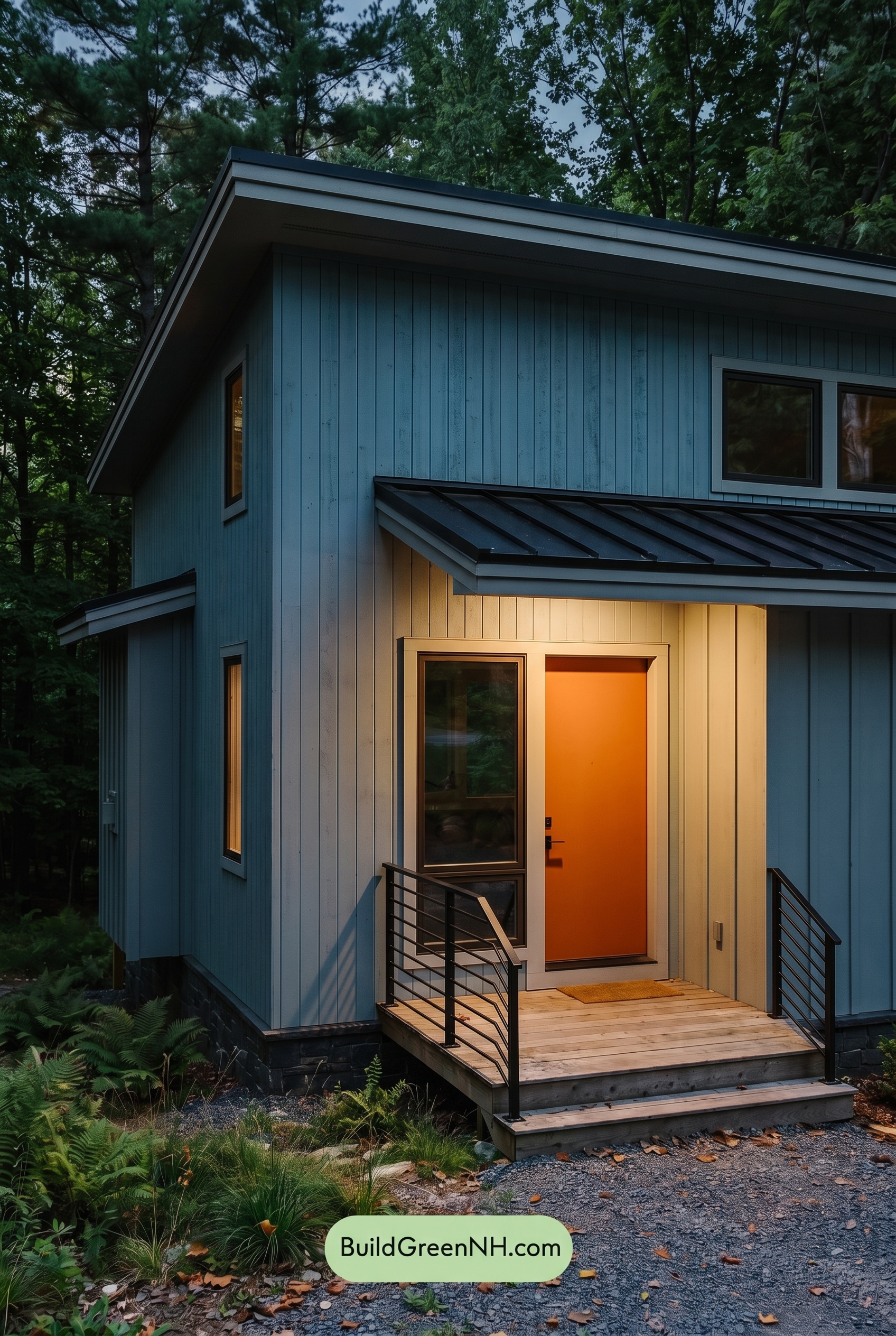 Modern Grey House Exterior Color Scheme: Fogblue Olive Grain - Nighttime