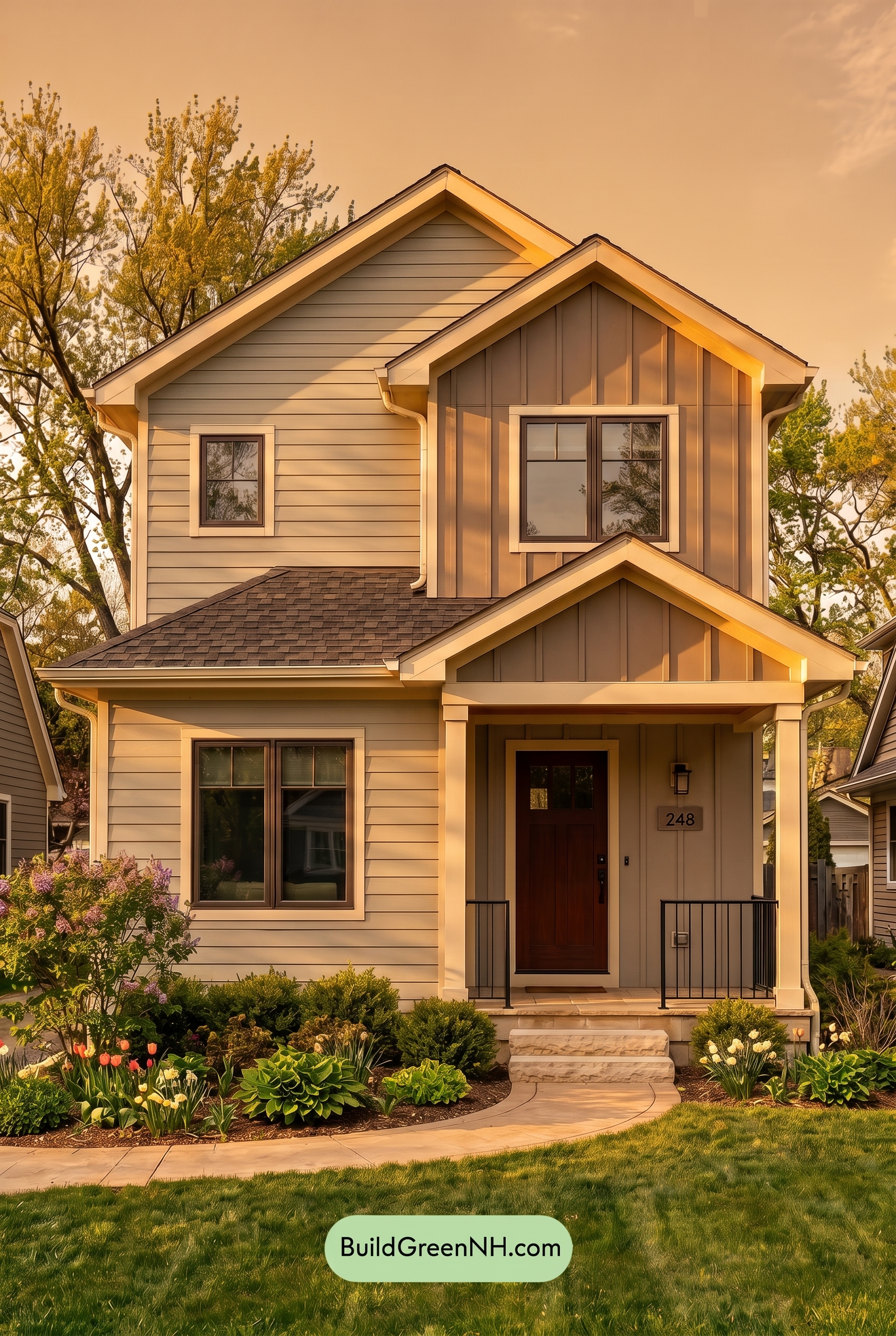 Modern Grey House Exterior Color Scheme: Muted Warm Contrast - Golden Hour