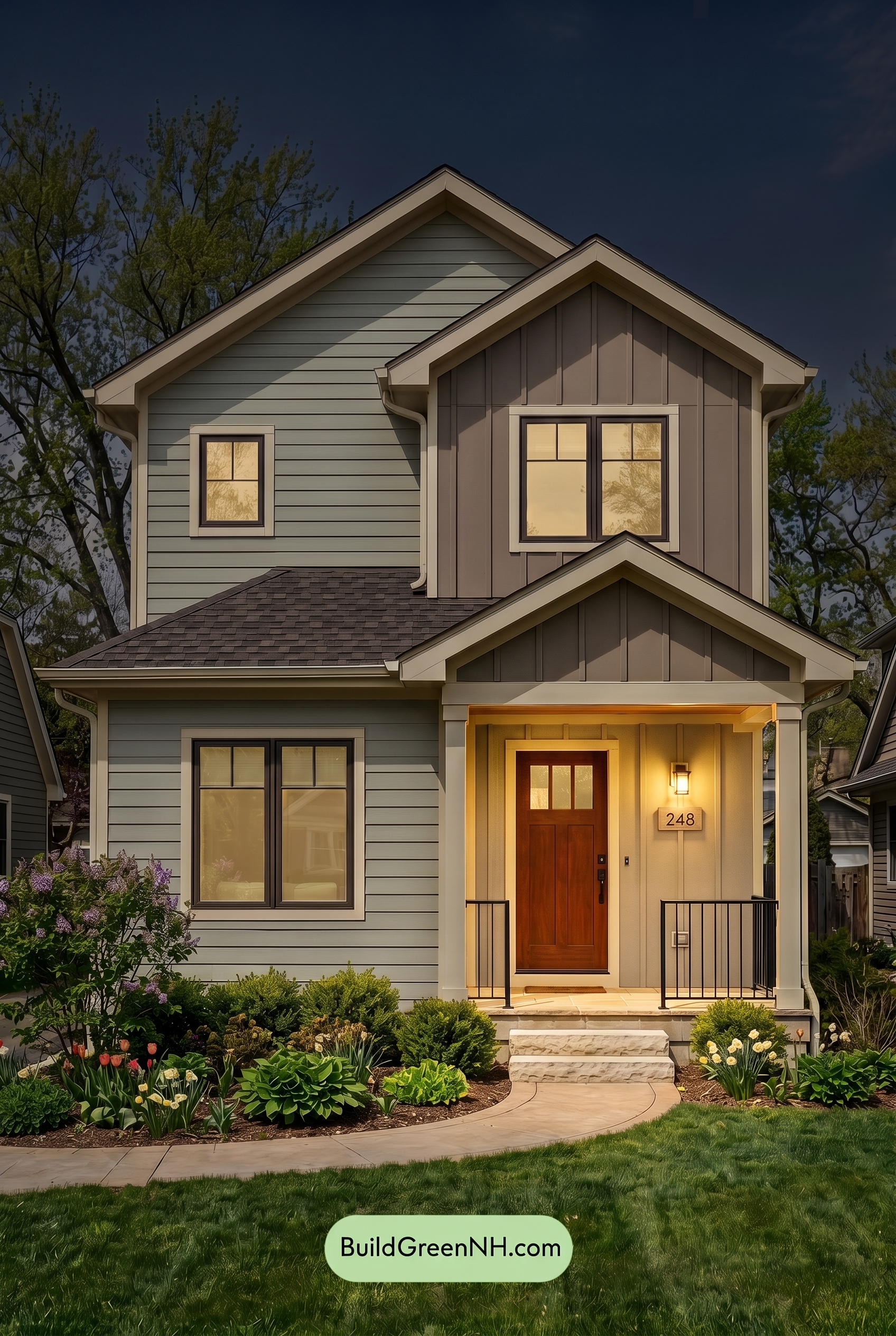 Modern Grey House Exterior Color Scheme: Muted Warm Contrast - Nighttime