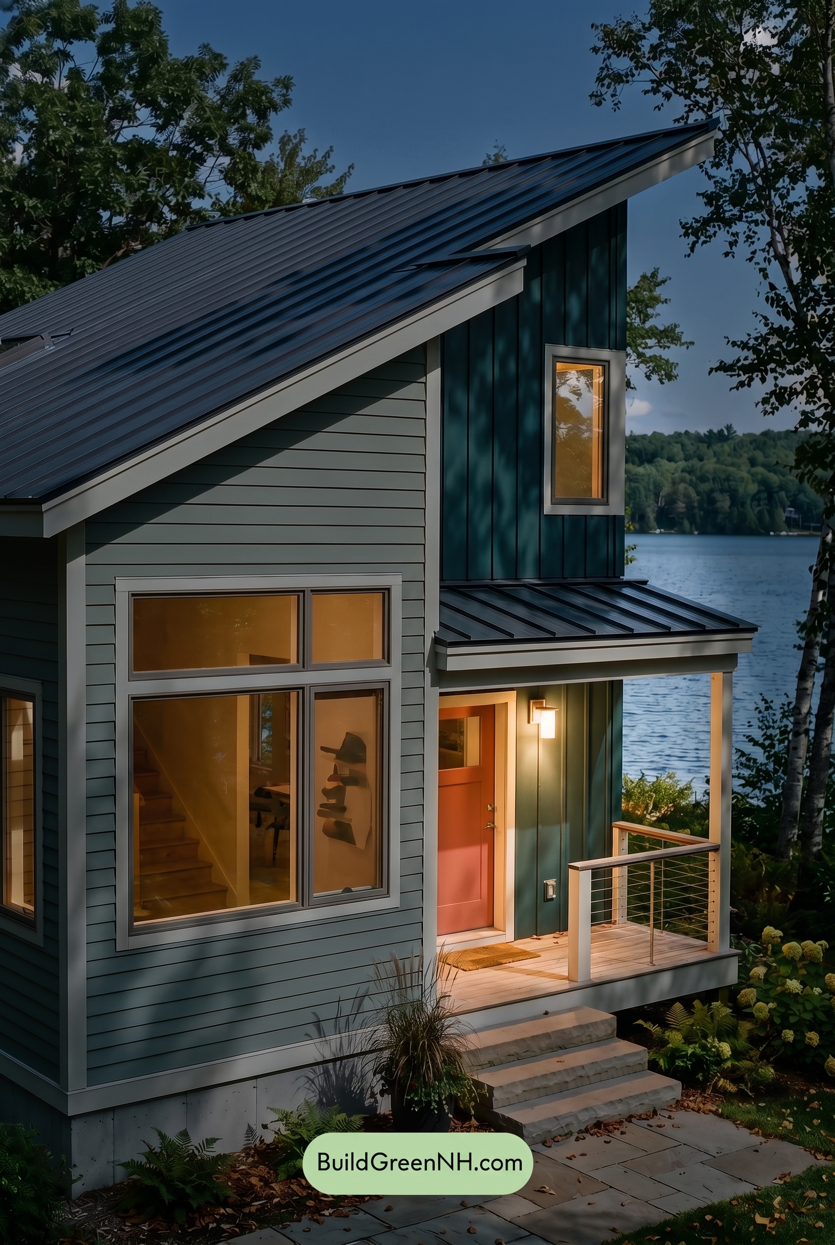 Modern Grey House Exterior Color Scheme: Pale Bright Signal - Nighttime