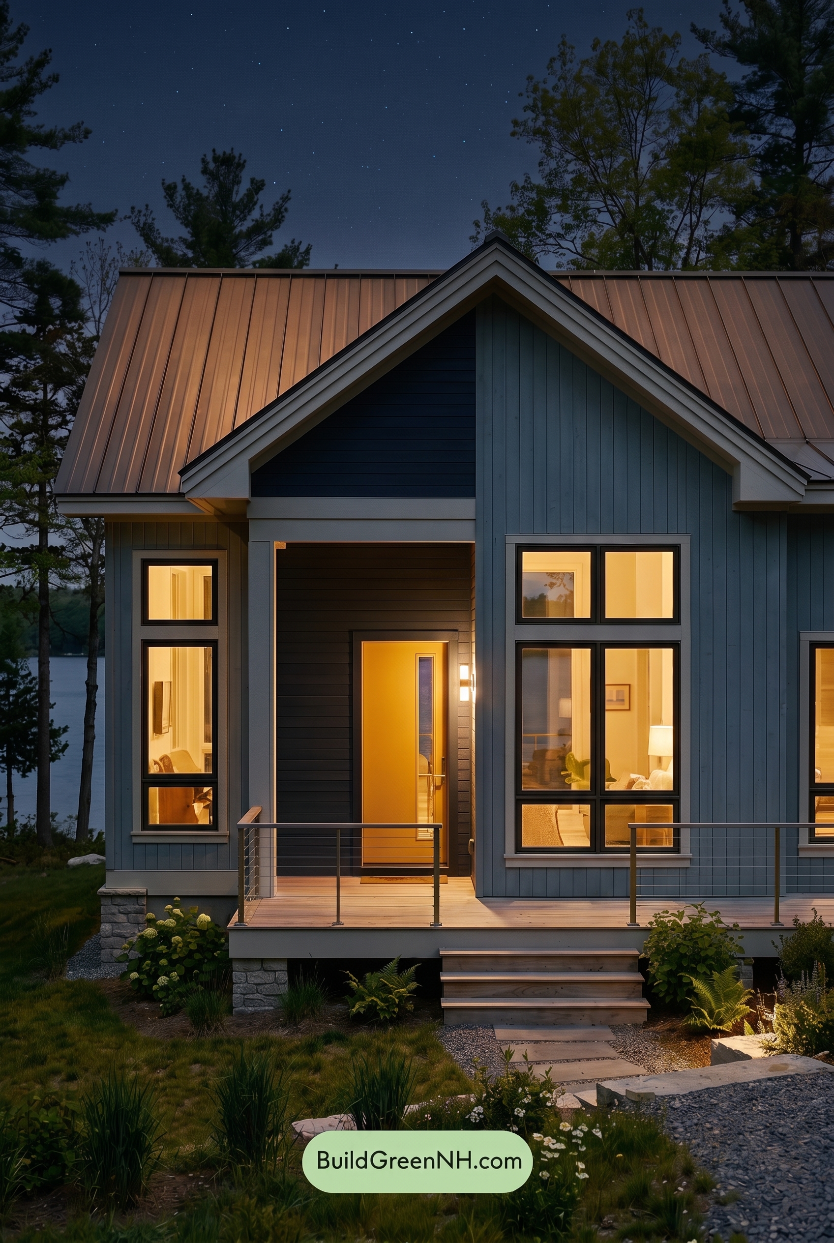 Modern Grey House Exterior Color Scheme: Paleblue Navy Gleam - Nighttime