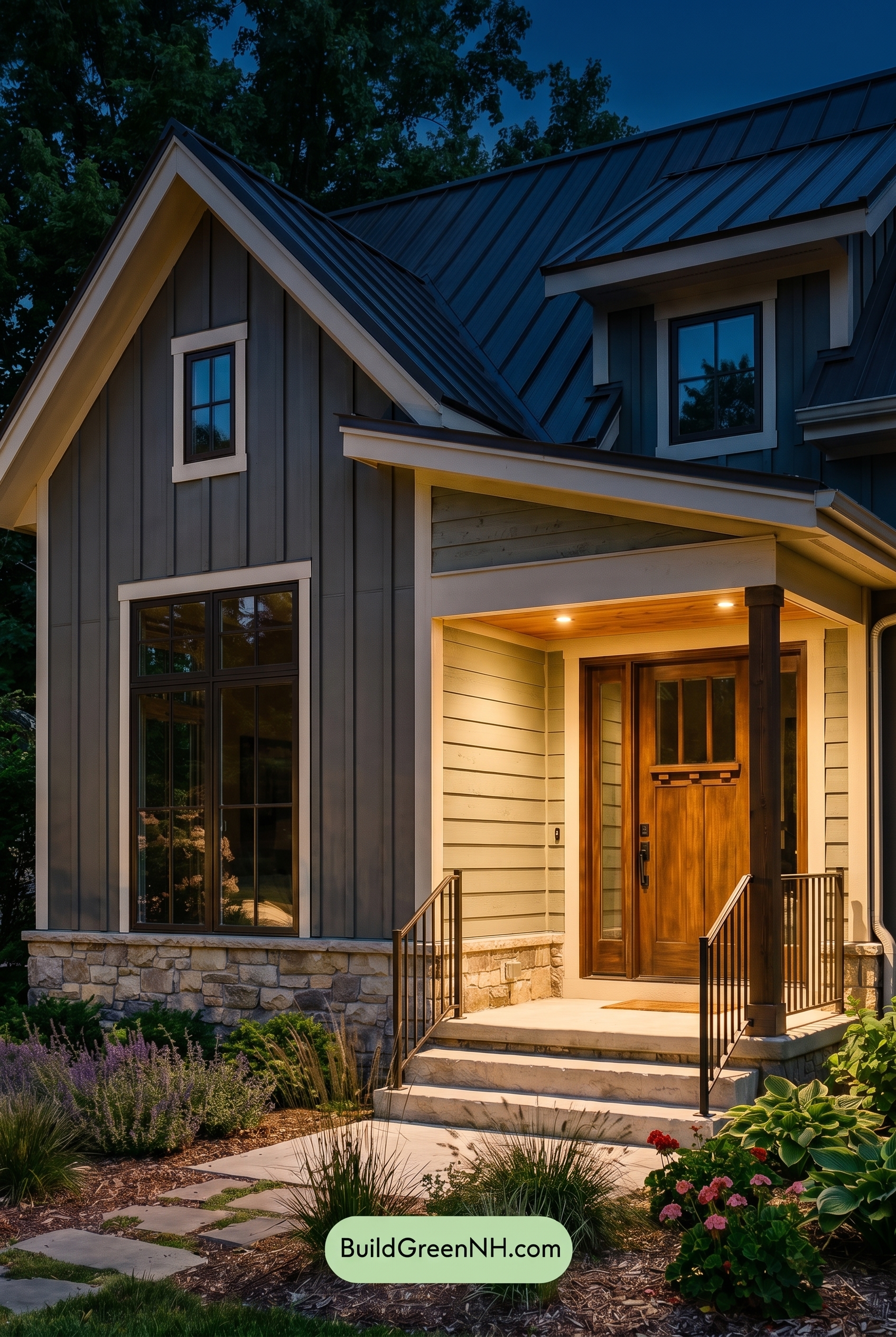 Modern Grey House Exterior Color Scheme: Slate With Sage - Nighttime