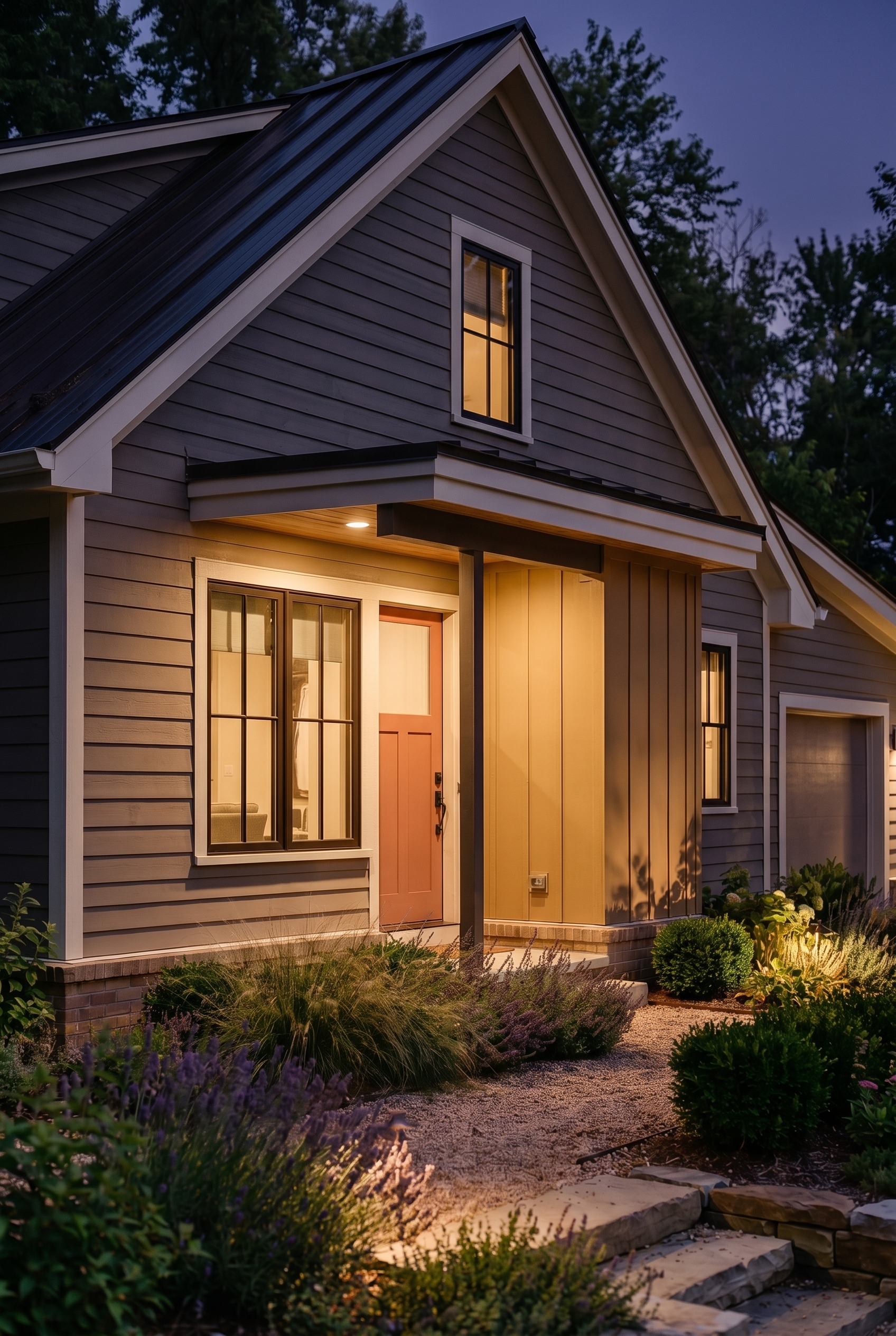 Modern Grey House Exterior Color Scheme: Smoky Ochre Line - Nighttime