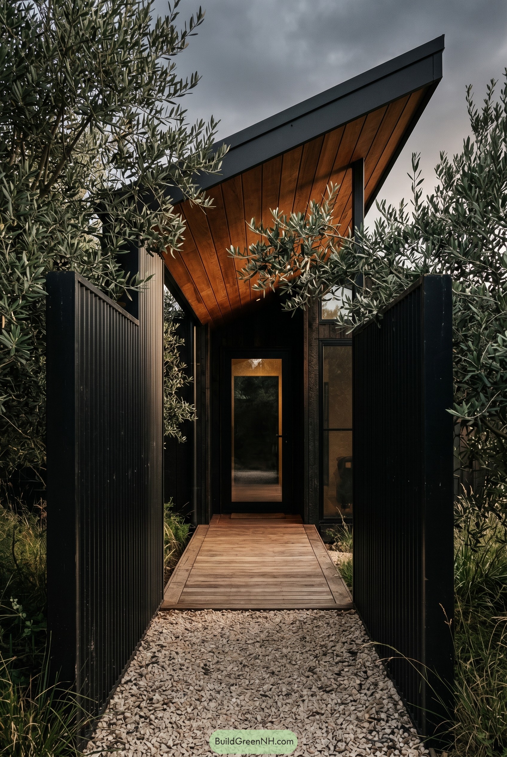 Dark courtyard entry with angled roof