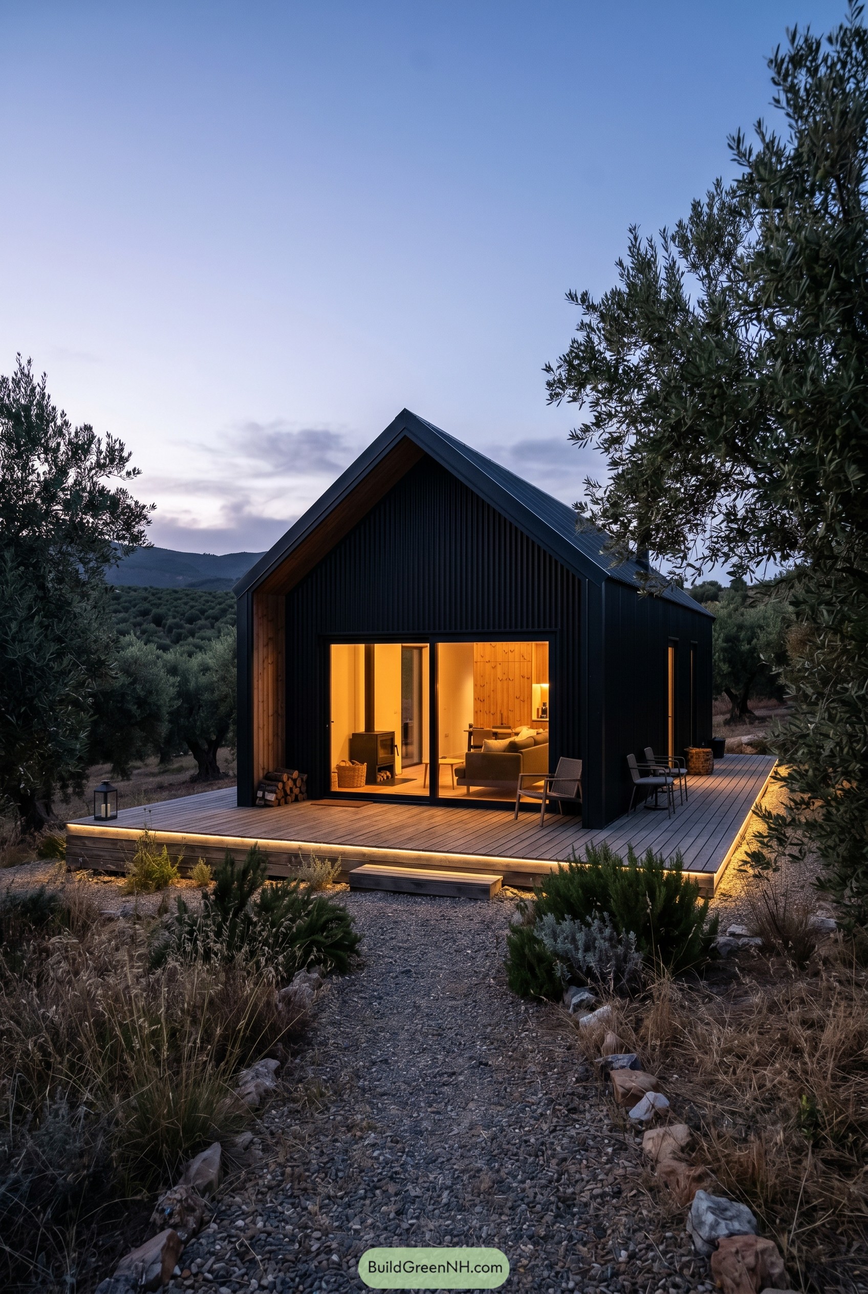 Black gabled cabin with lit deck among olive trees at dusk