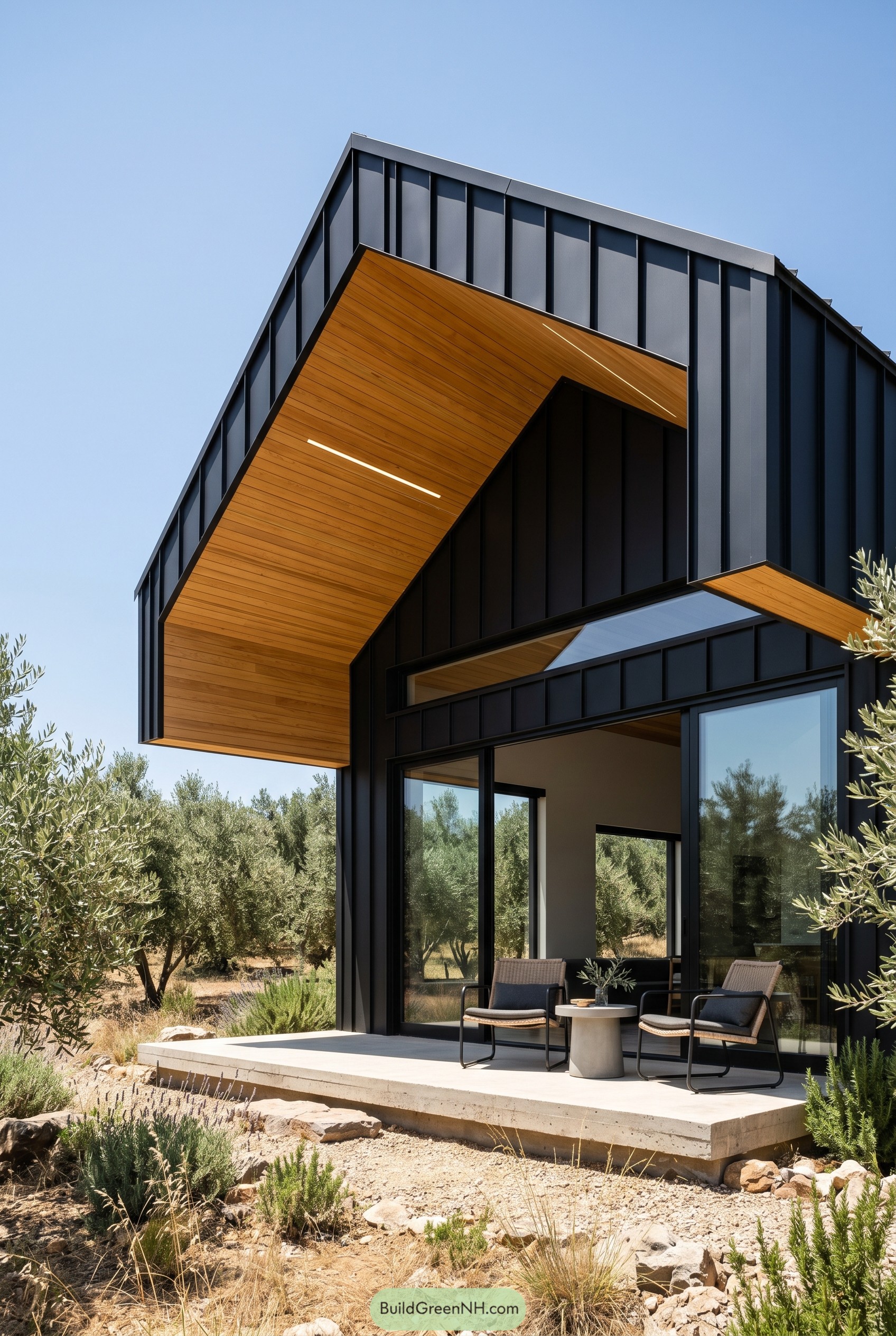 Black metal house with wood lined cantilevered roof and patio