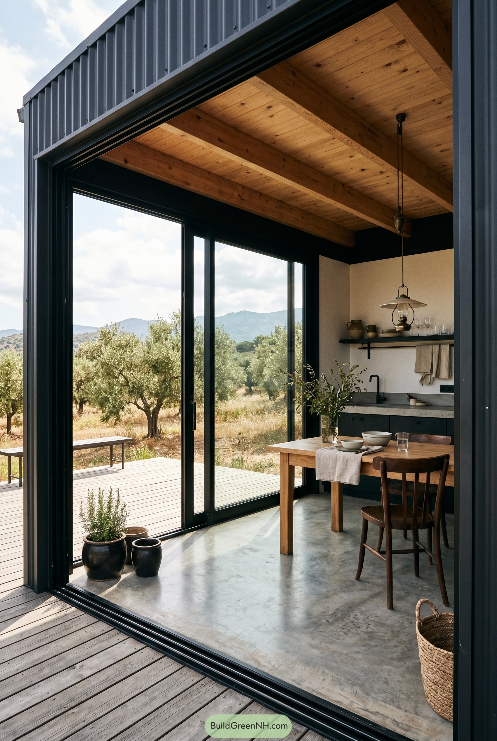 Modern dining nook with sliding glass and olive grove view