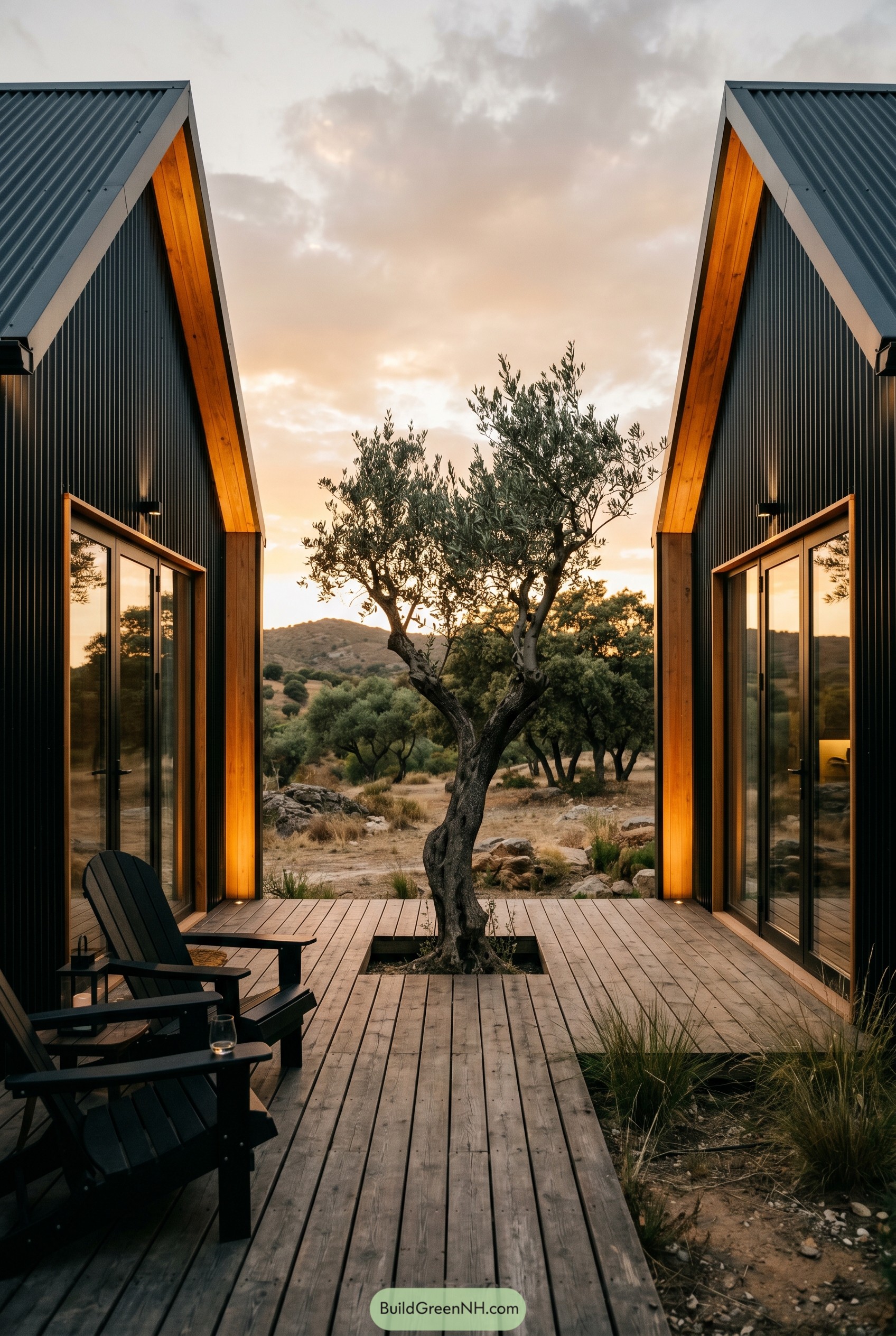 Black gabled courtyard with central olive tree