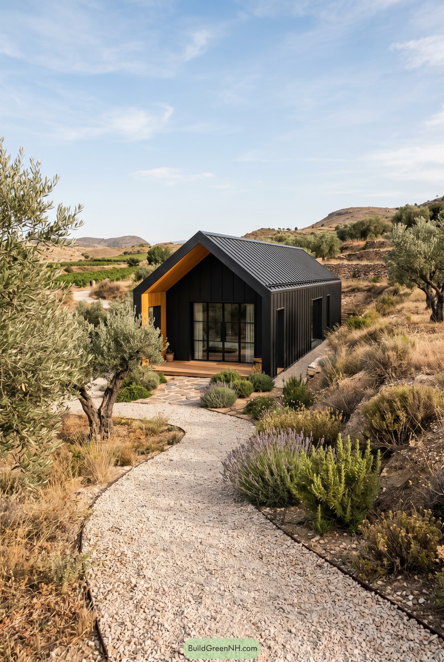 Black gabled house in olive landscape