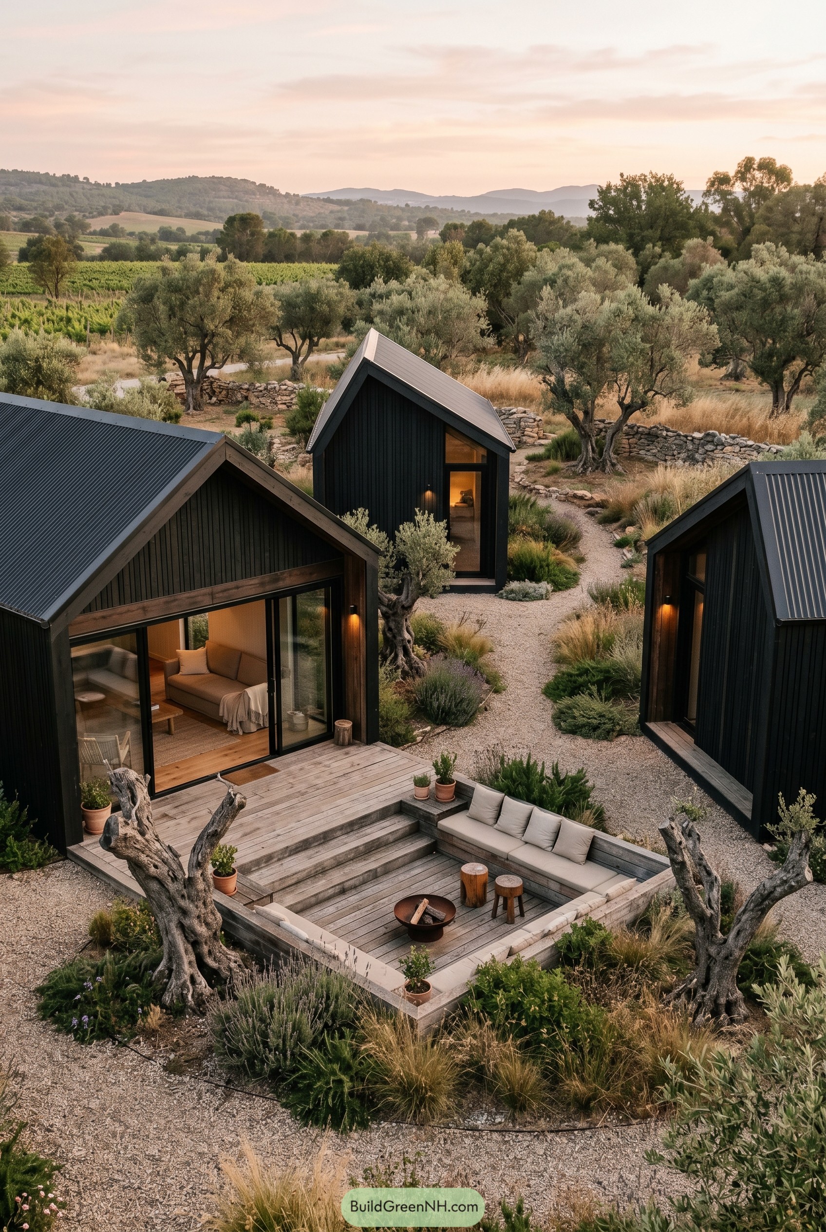 Three dark gabled cabins around a sunken courtyard