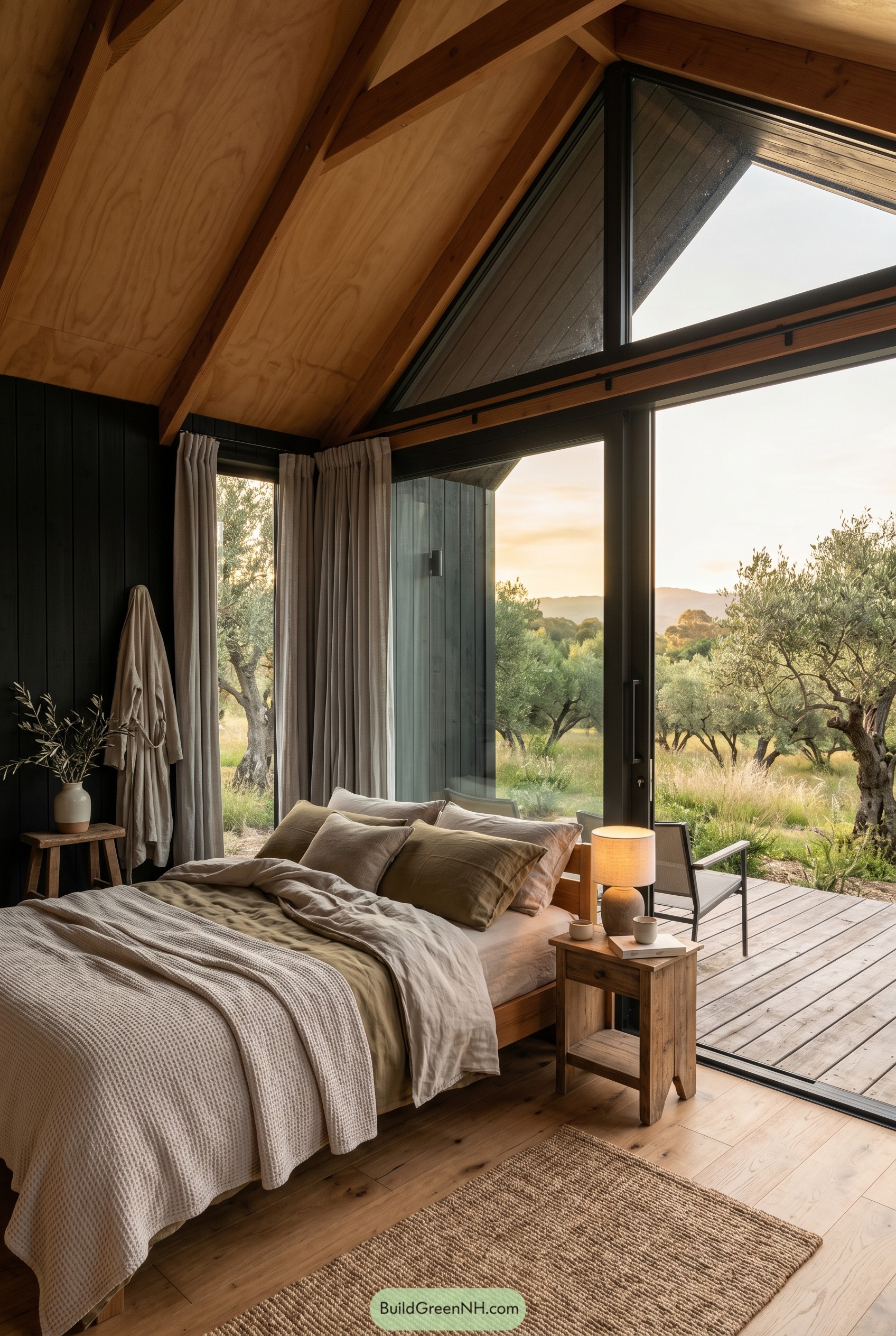 Gabled bedroom with glass wall facing olive grove