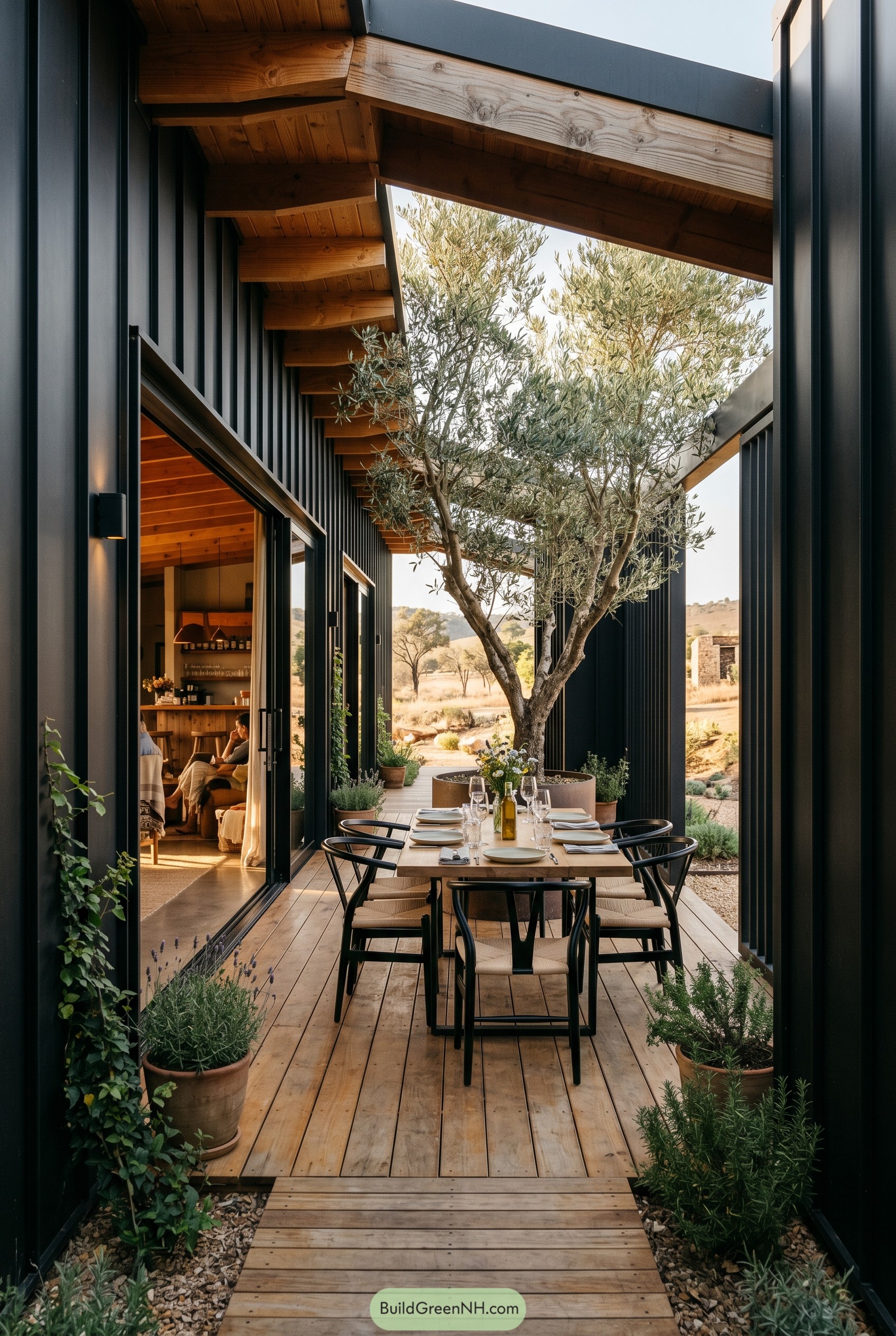 Black clad courtyard deck with dining table and olive tree