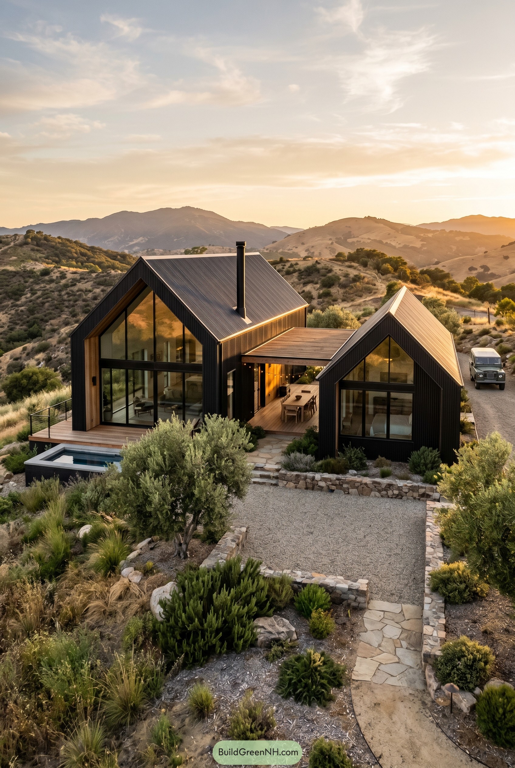Black twin pavilion house with sheltered courtyard