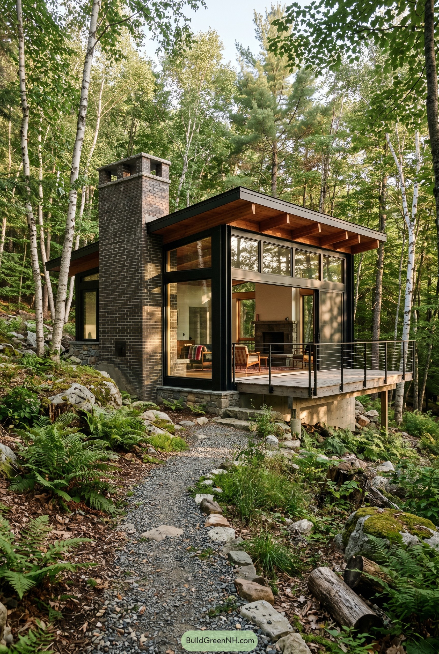Modern forest house with brick chimney and glass walls