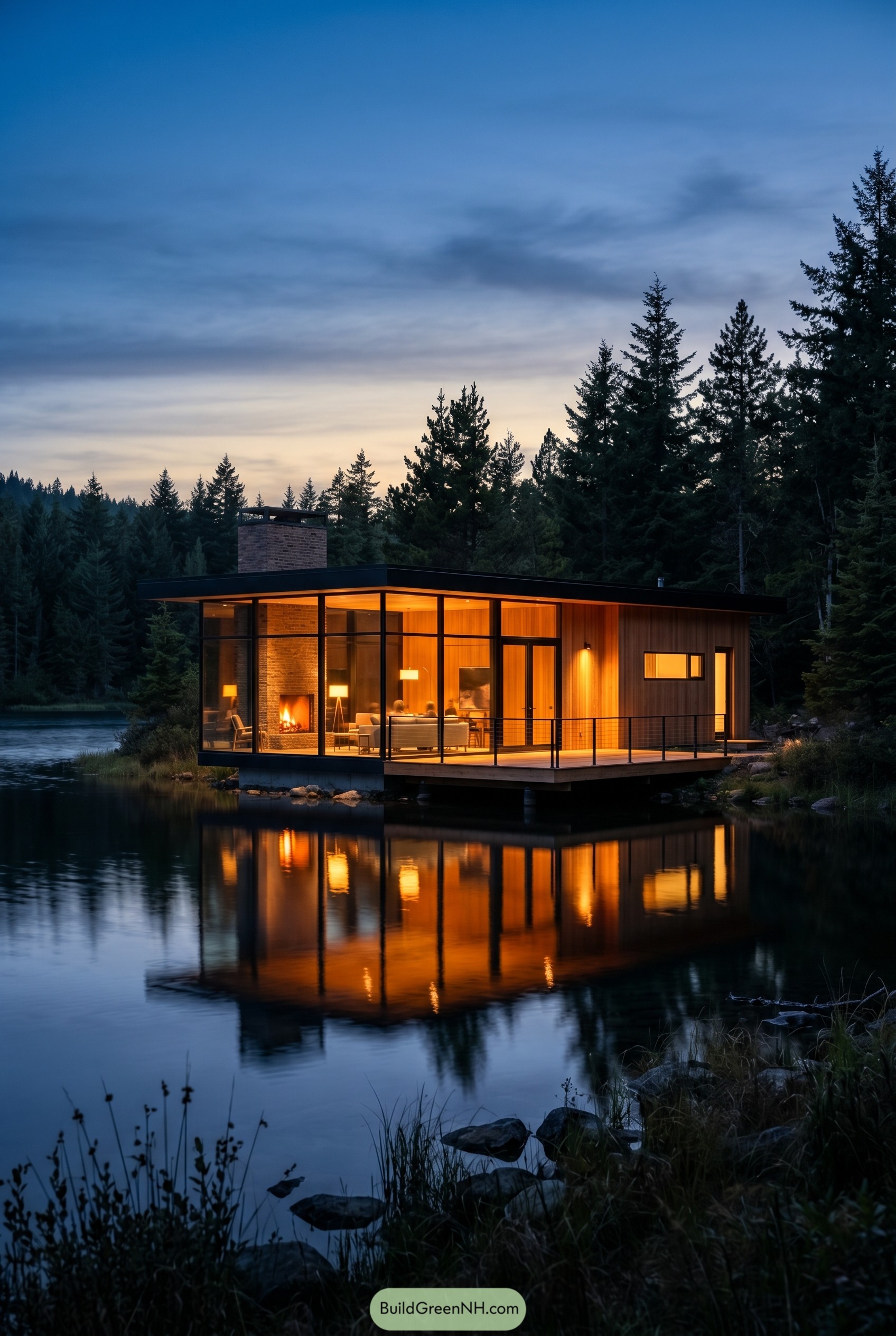 Modern glass and cedar lakeside house at dusk